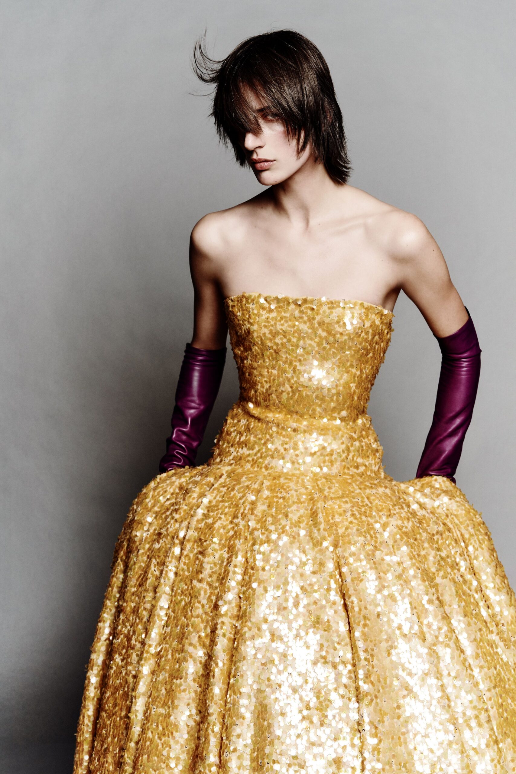 yellow sequin strapless fitted pleated shiny maxi gown