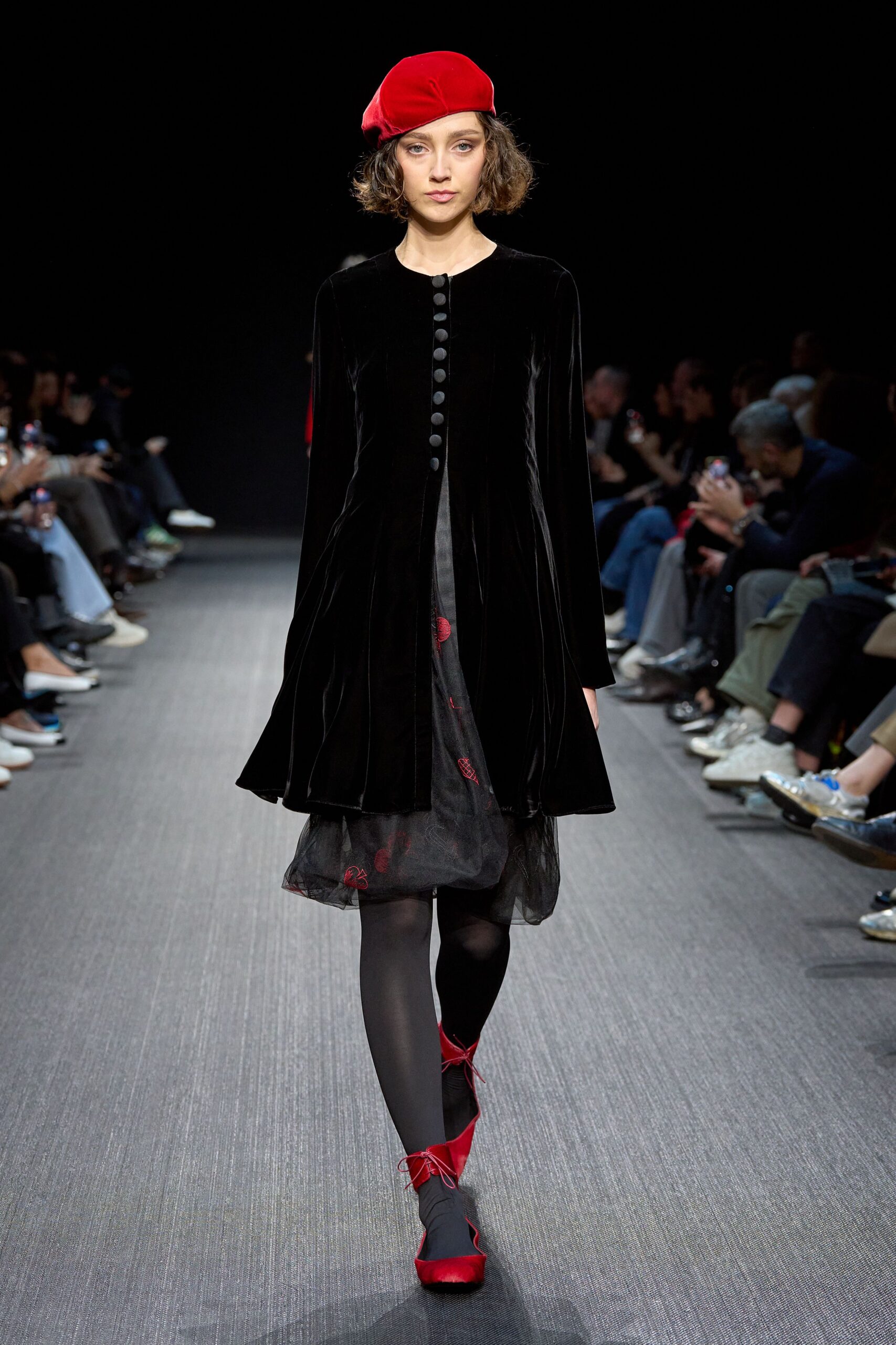 black velvet midi dress with red hat