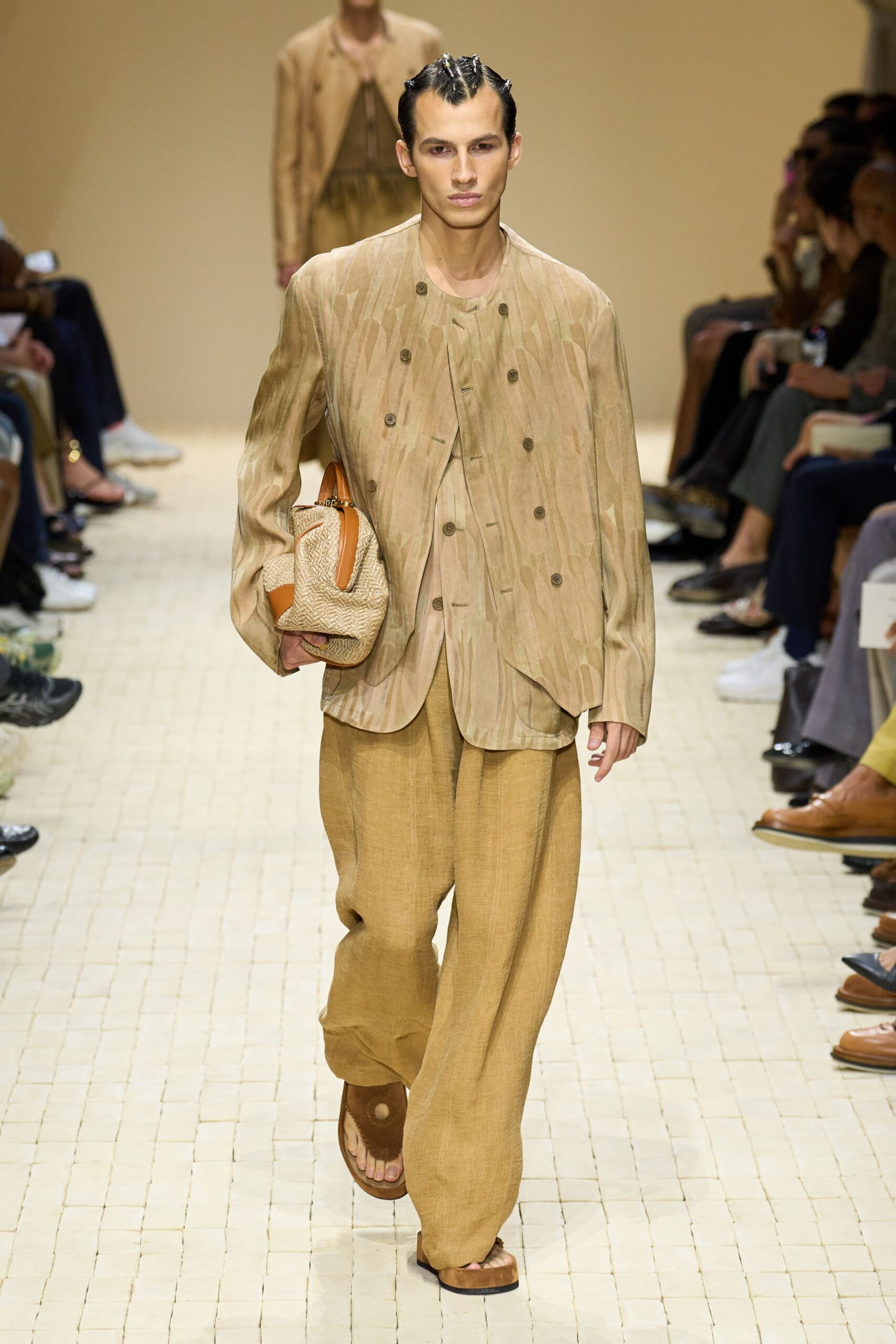 beige linen long-sleeve collared relaxed buttoned layered jacket