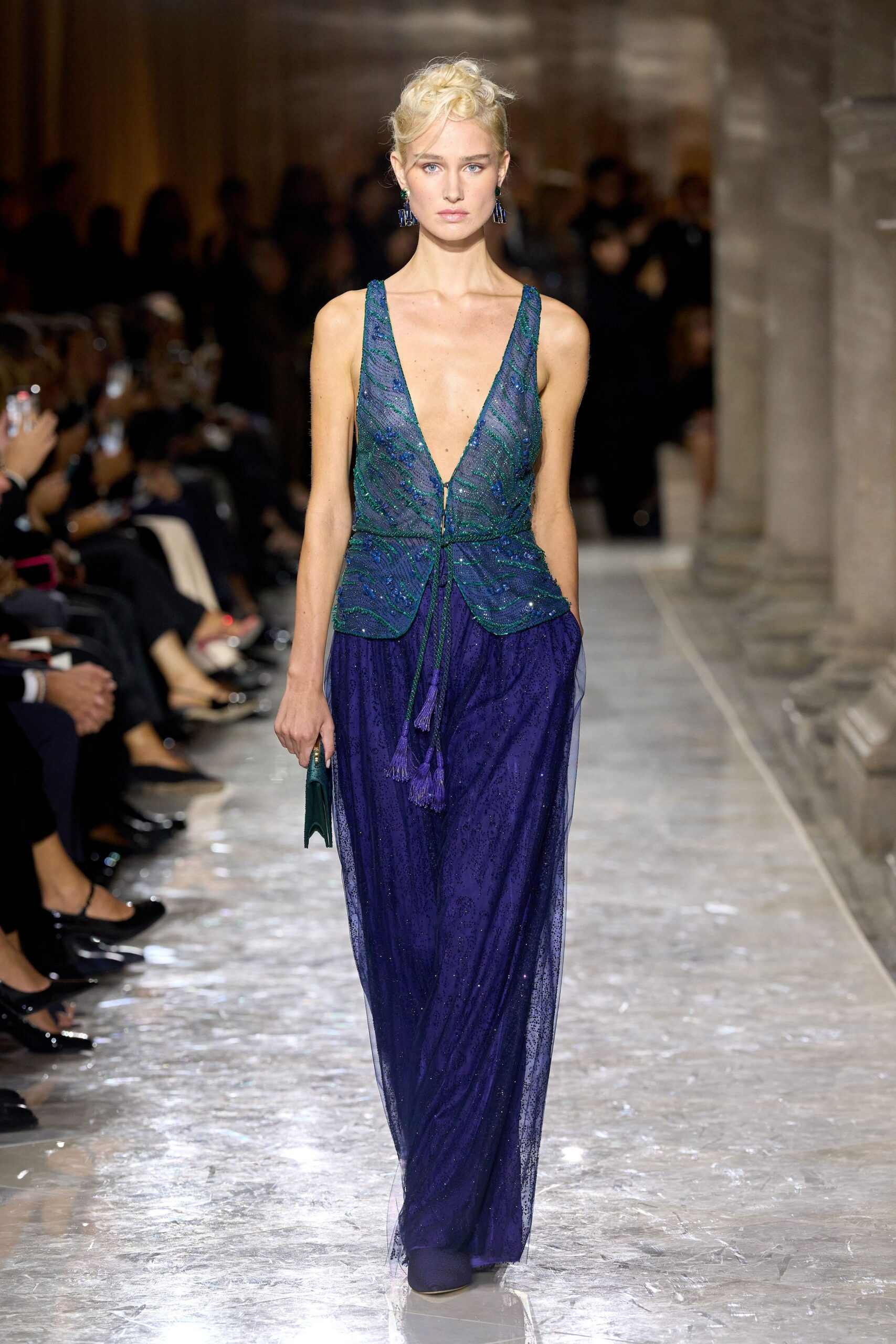 blue silk sleeveless v-neck fitted ruched layered gown