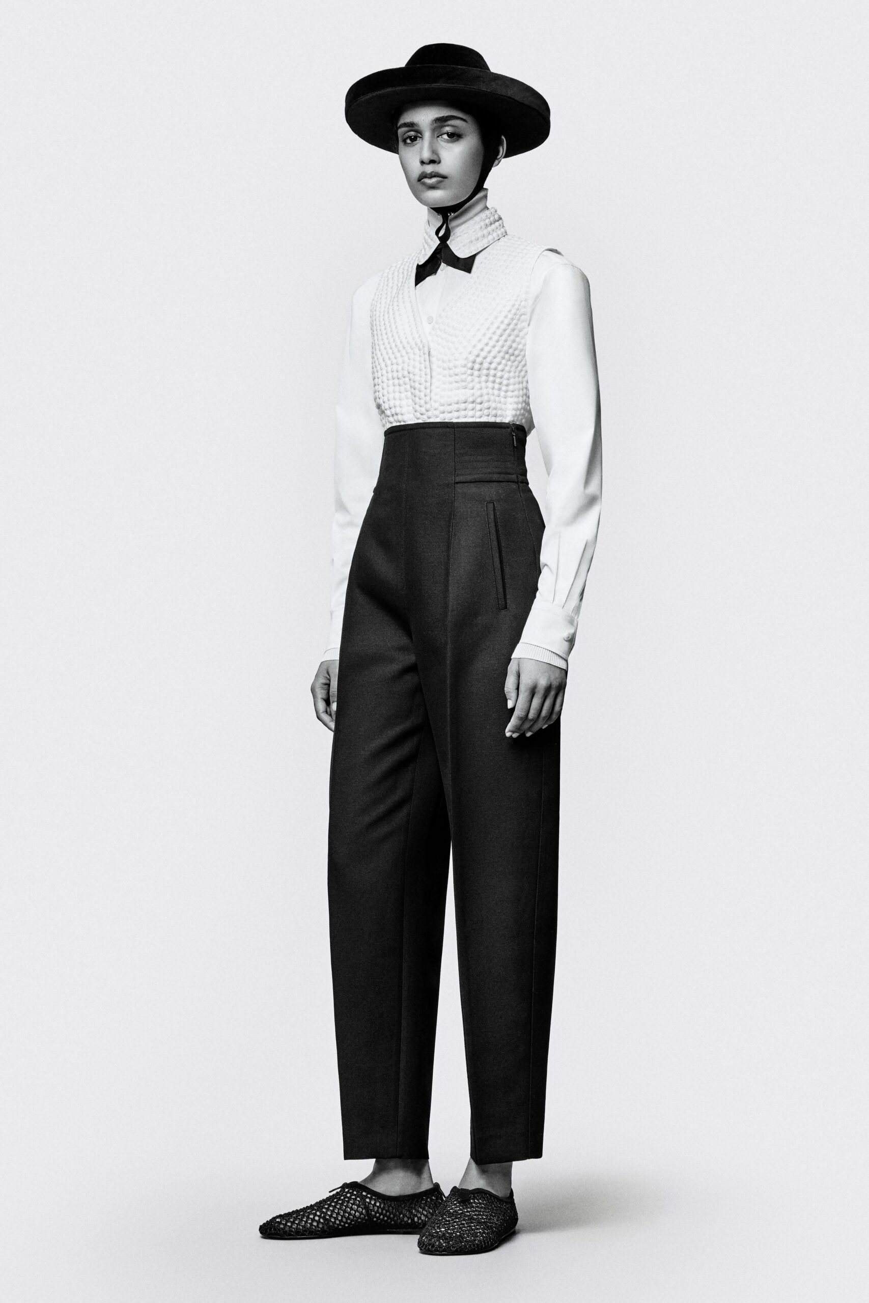 black tailored pants white shirt