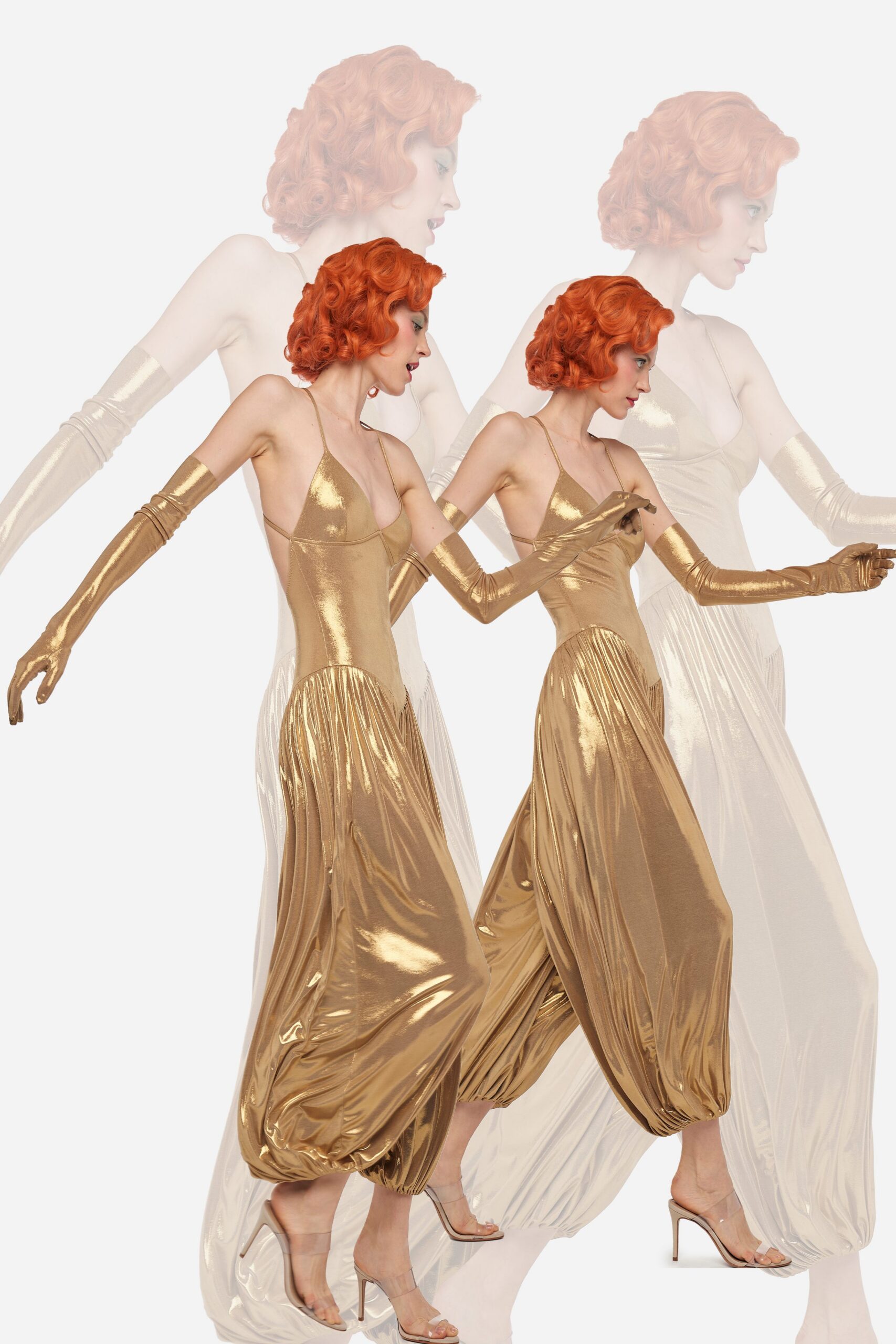 gold metallic sleeveless v-neck fitted draped shiny jumpsuit