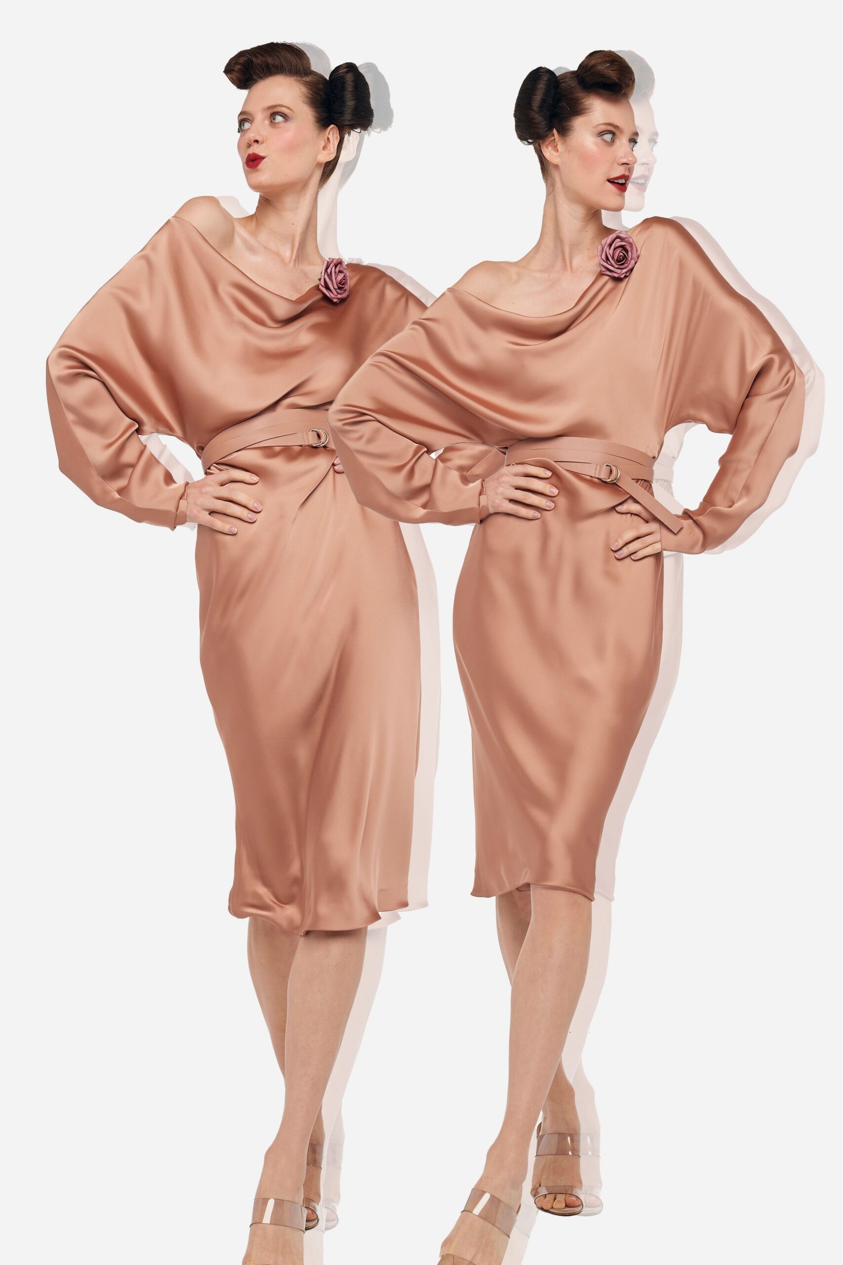 beige satin long-sleeve v-neck fitted draped belted dress