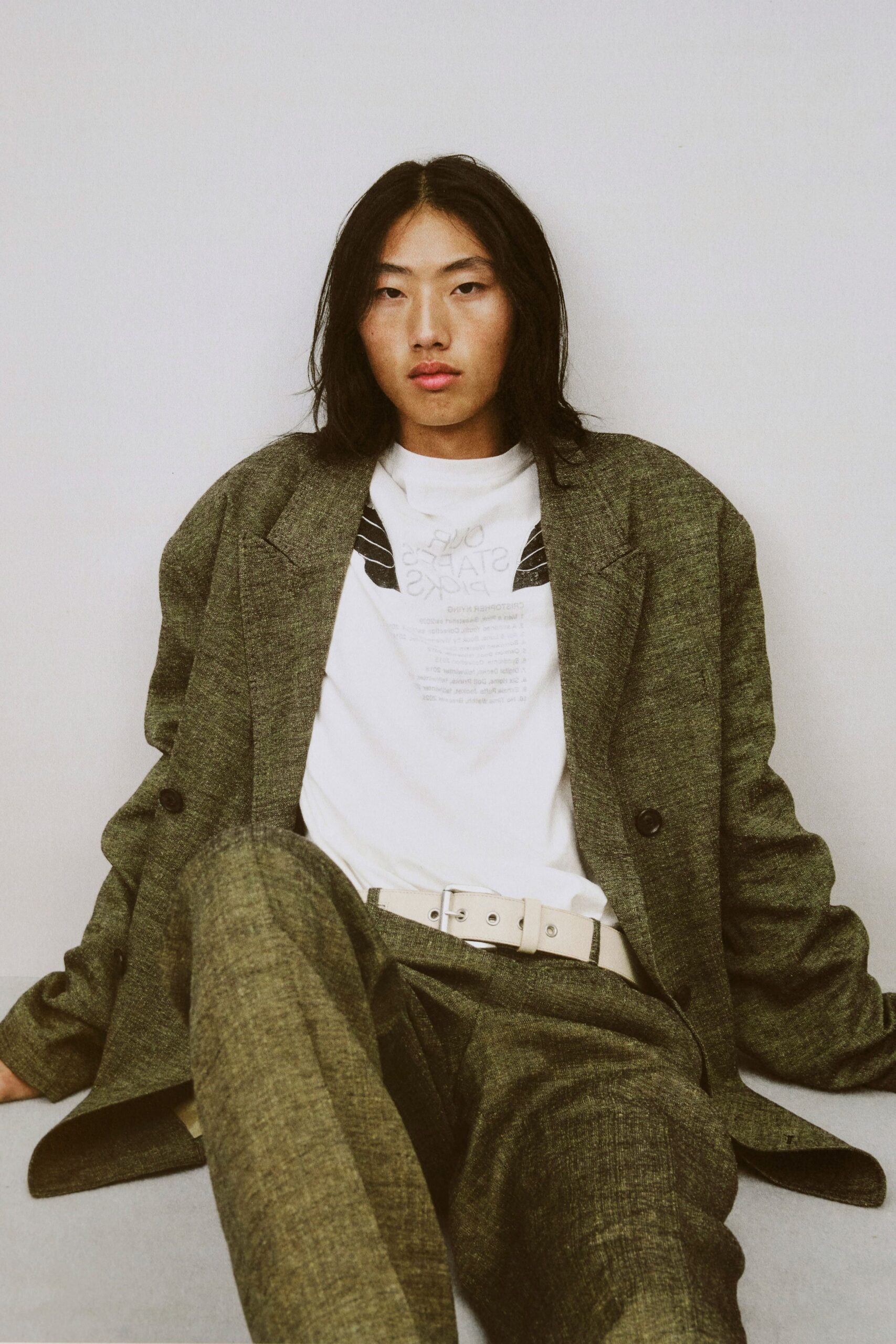 gray tweed blazer with white shirt
