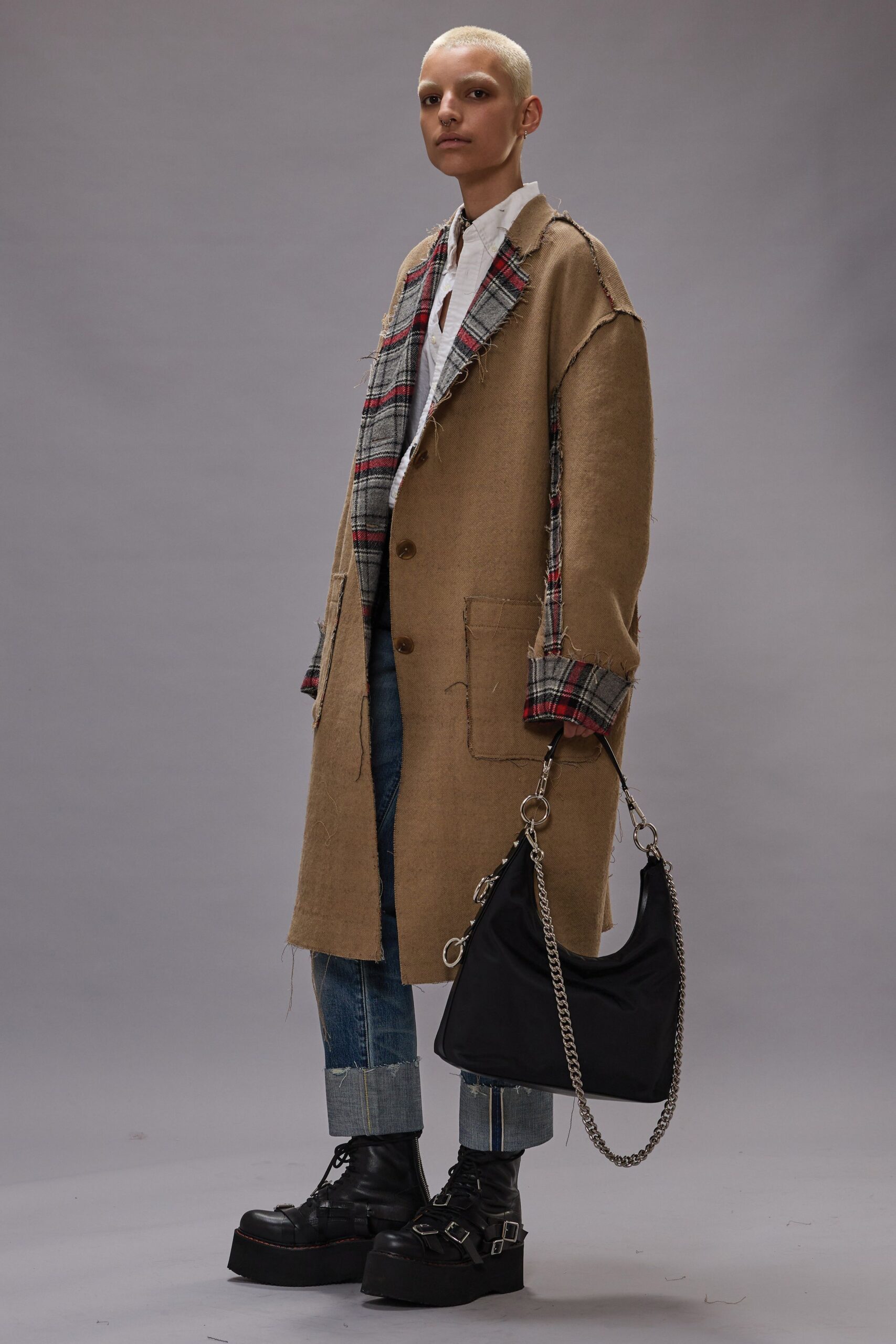 beige oversized coat with denim
