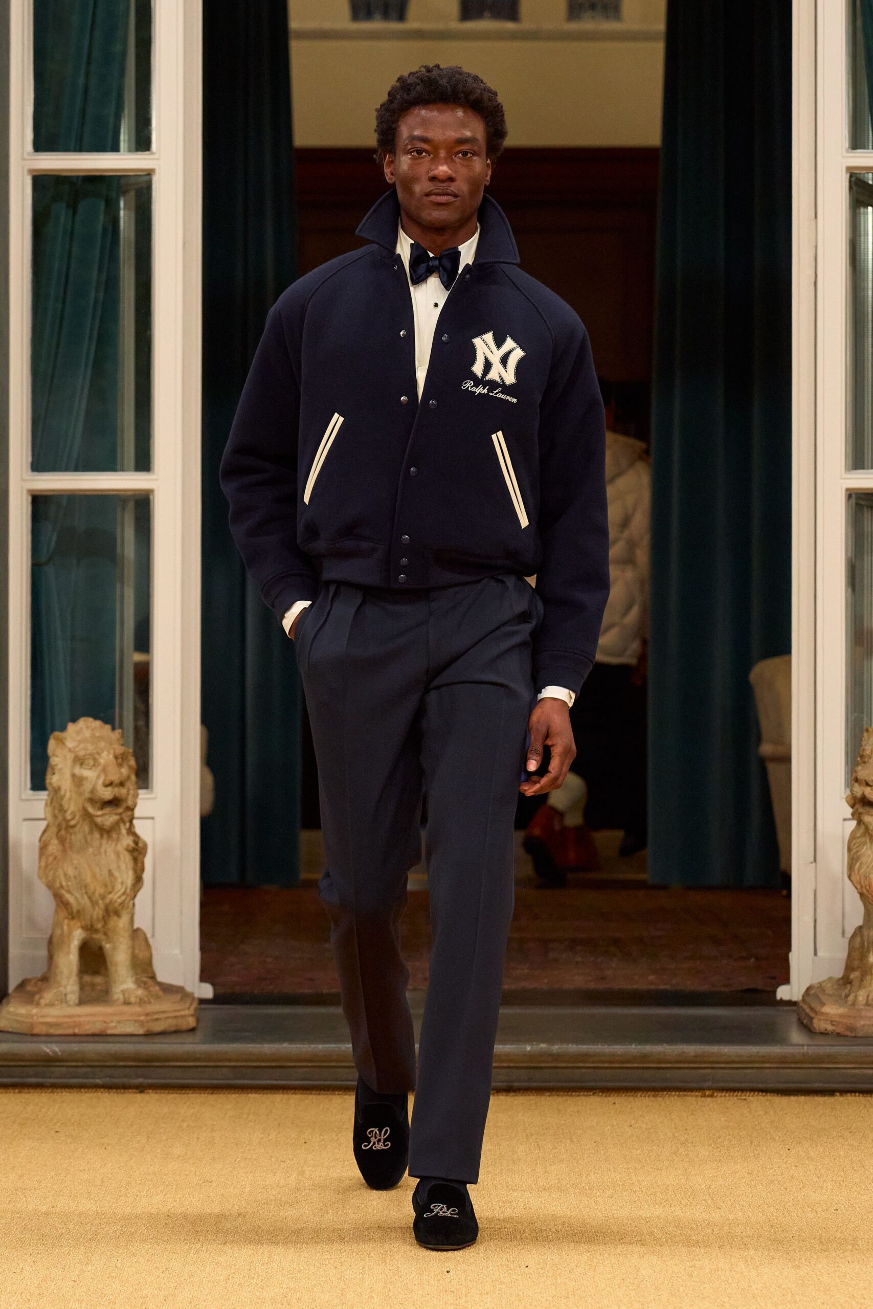 navy jacket white shirt tailored pants