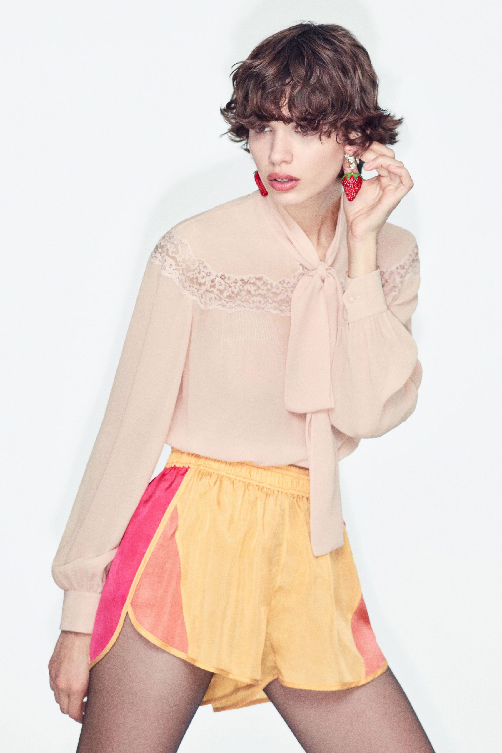 beige silk long-sleeve collared fitted embroidered blouse