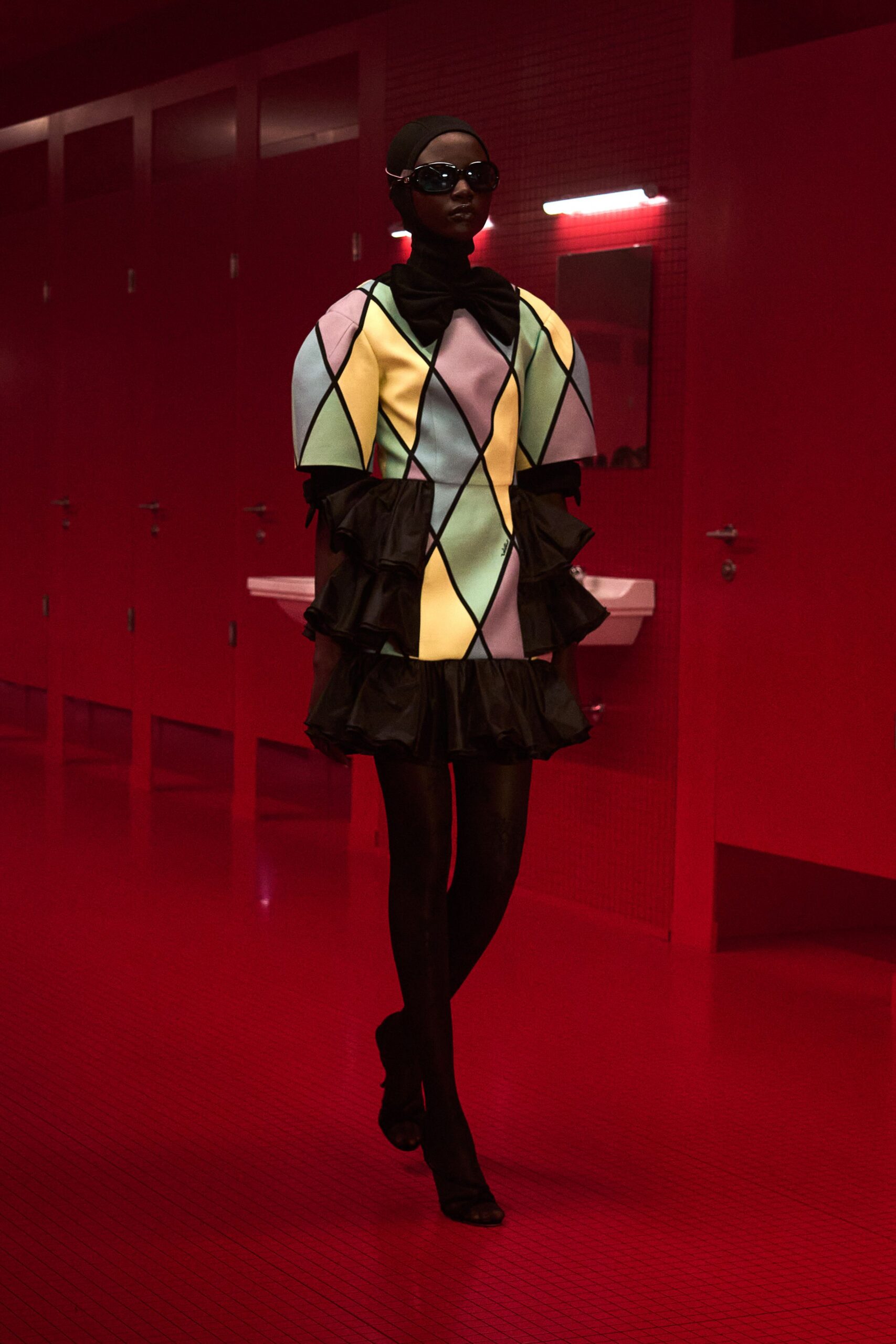 color-blocked mini dress with ruffles
