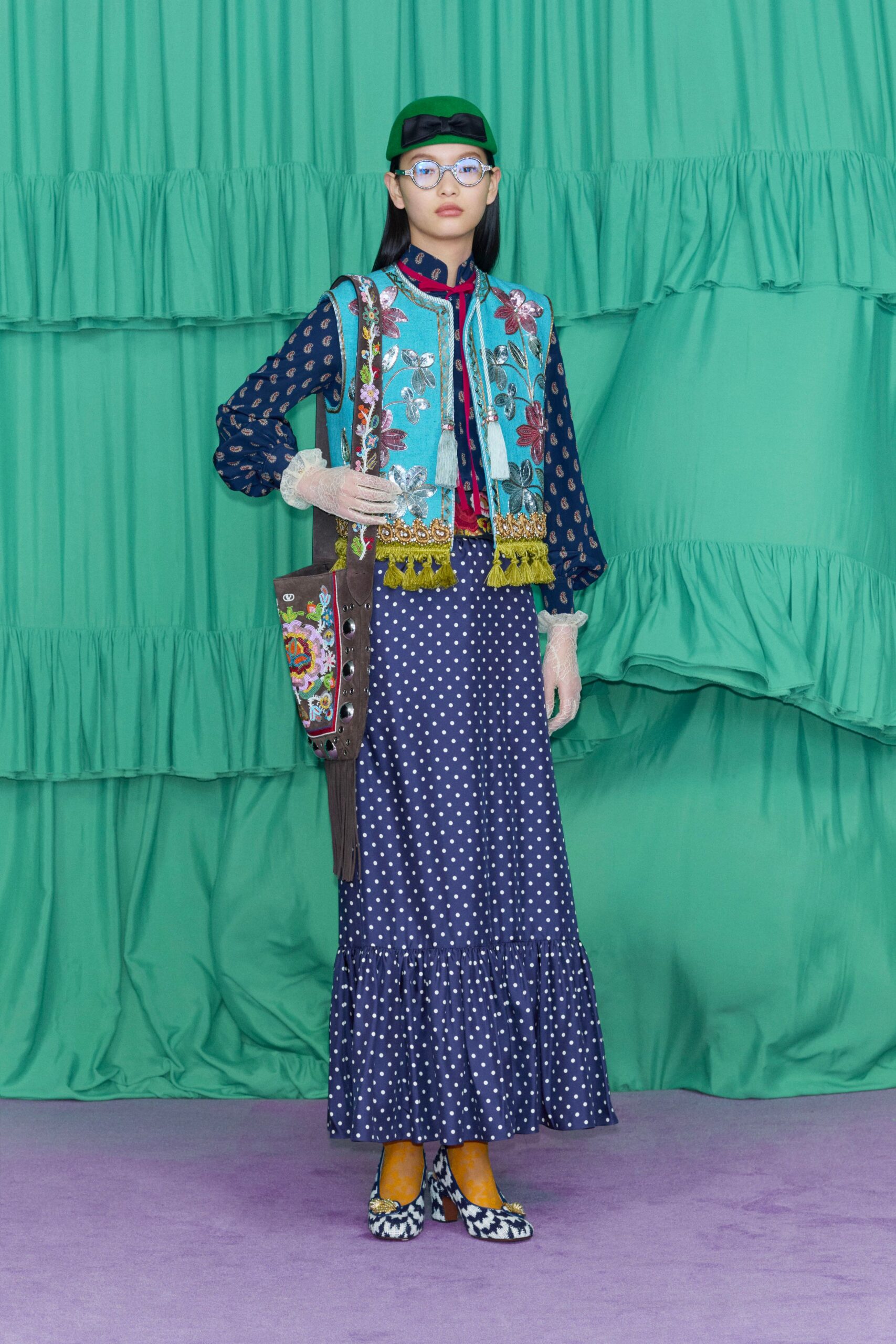 blue cotton long-sleeve collared relaxed printed embroidered blouse