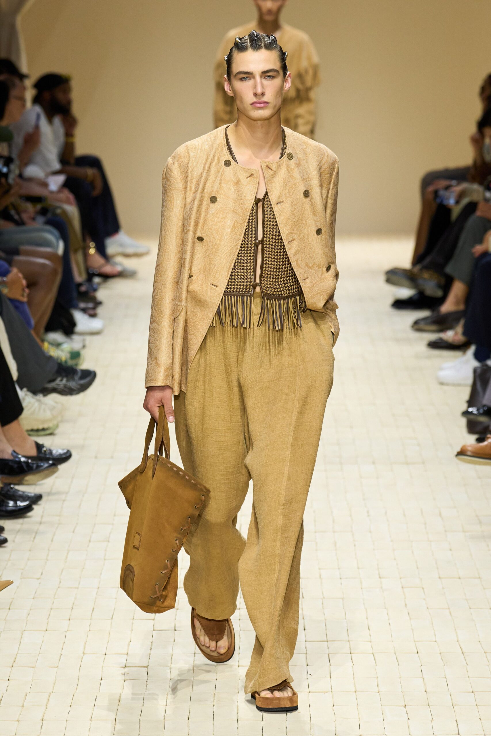 beige leather jacket with brown top