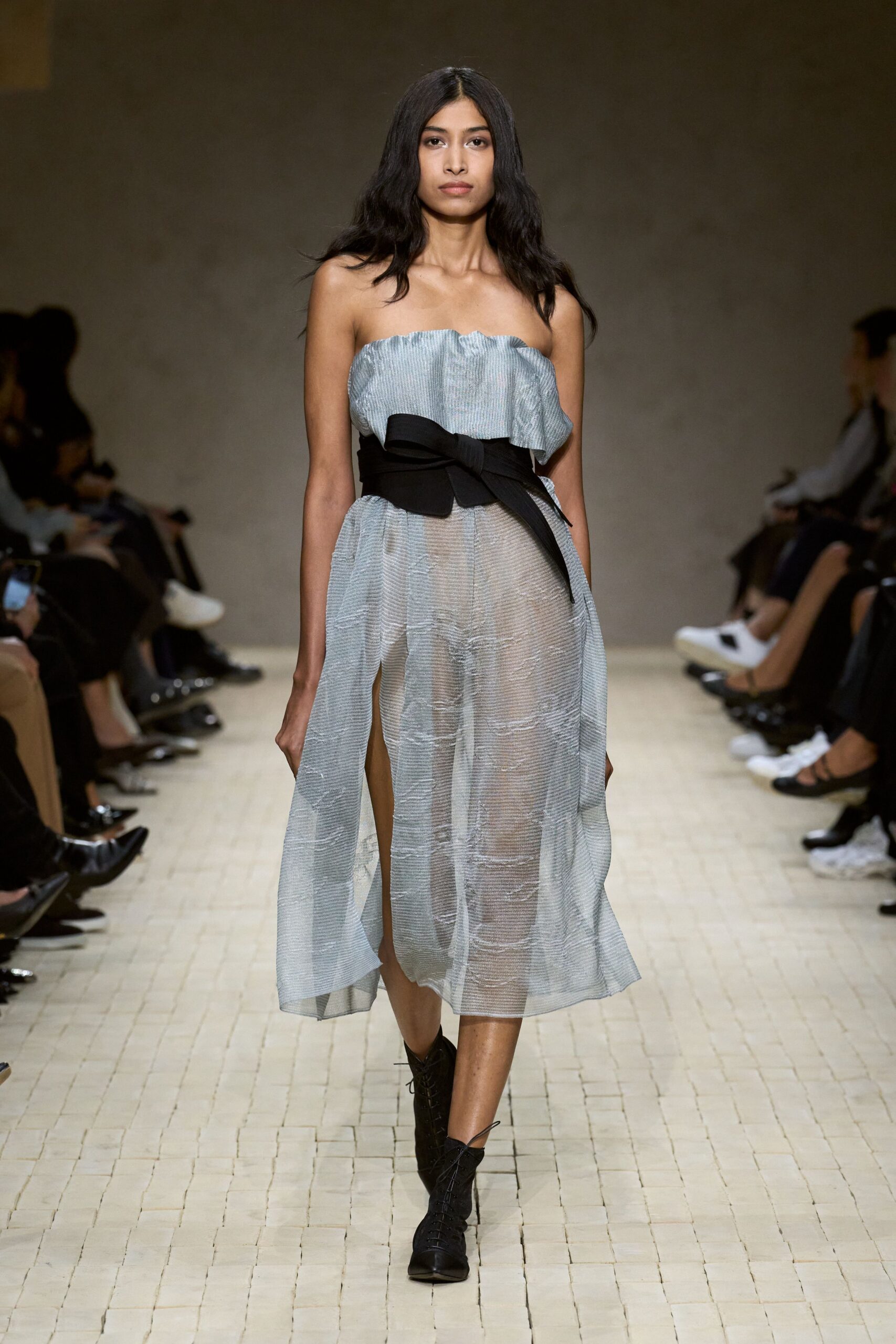 blue silk strapless high-neck fitted tiered sheer dress