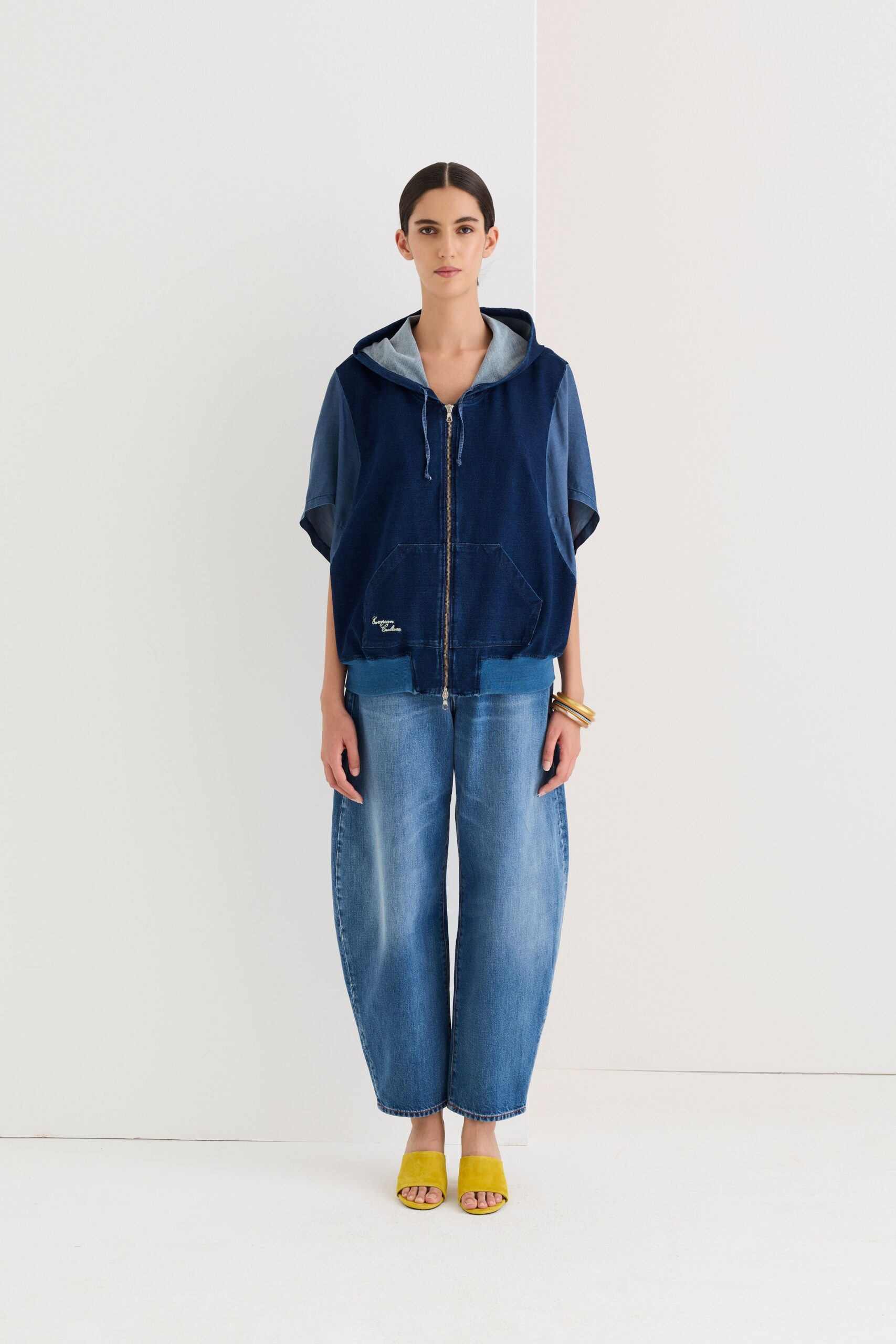 blue denim hooded short-sleeve relaxed zippered pockets jacket