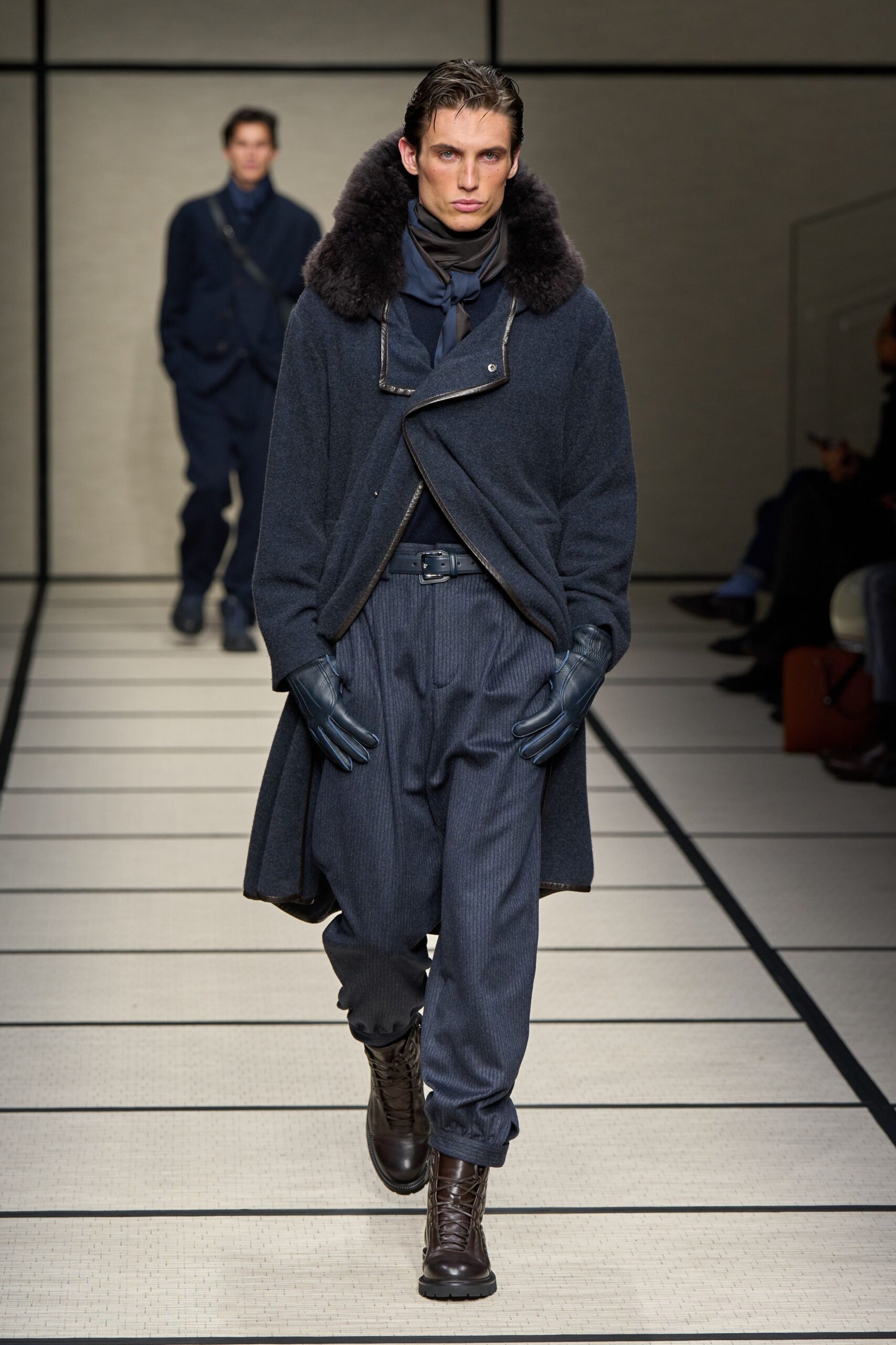 blue wool long-sleeve collared relaxed zippered coat