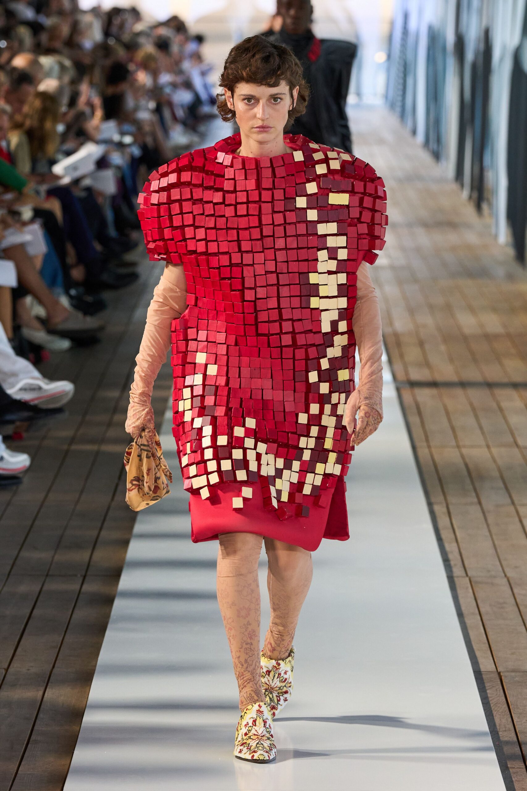 red cotton short-sleeve collared relaxed layered printed dress
