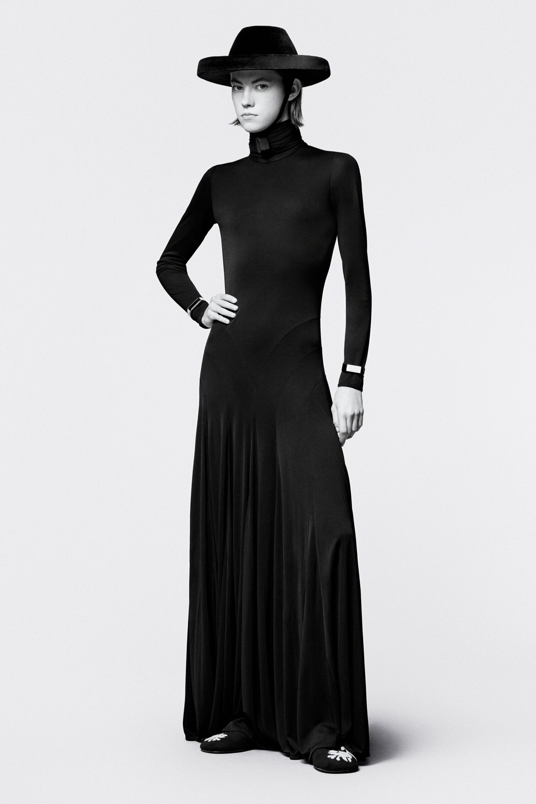 black jersey long-sleeve high-neck fitted flowing maxi gown