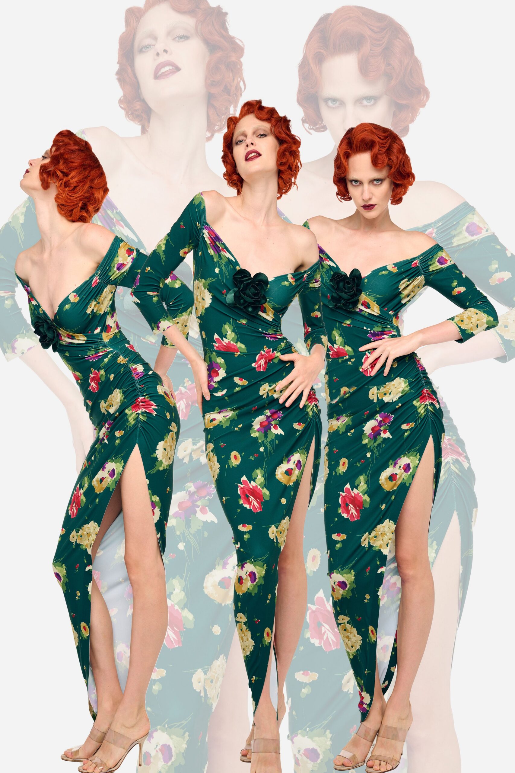 green silk long-sleeve off-shoulder fitted floral ruched gown