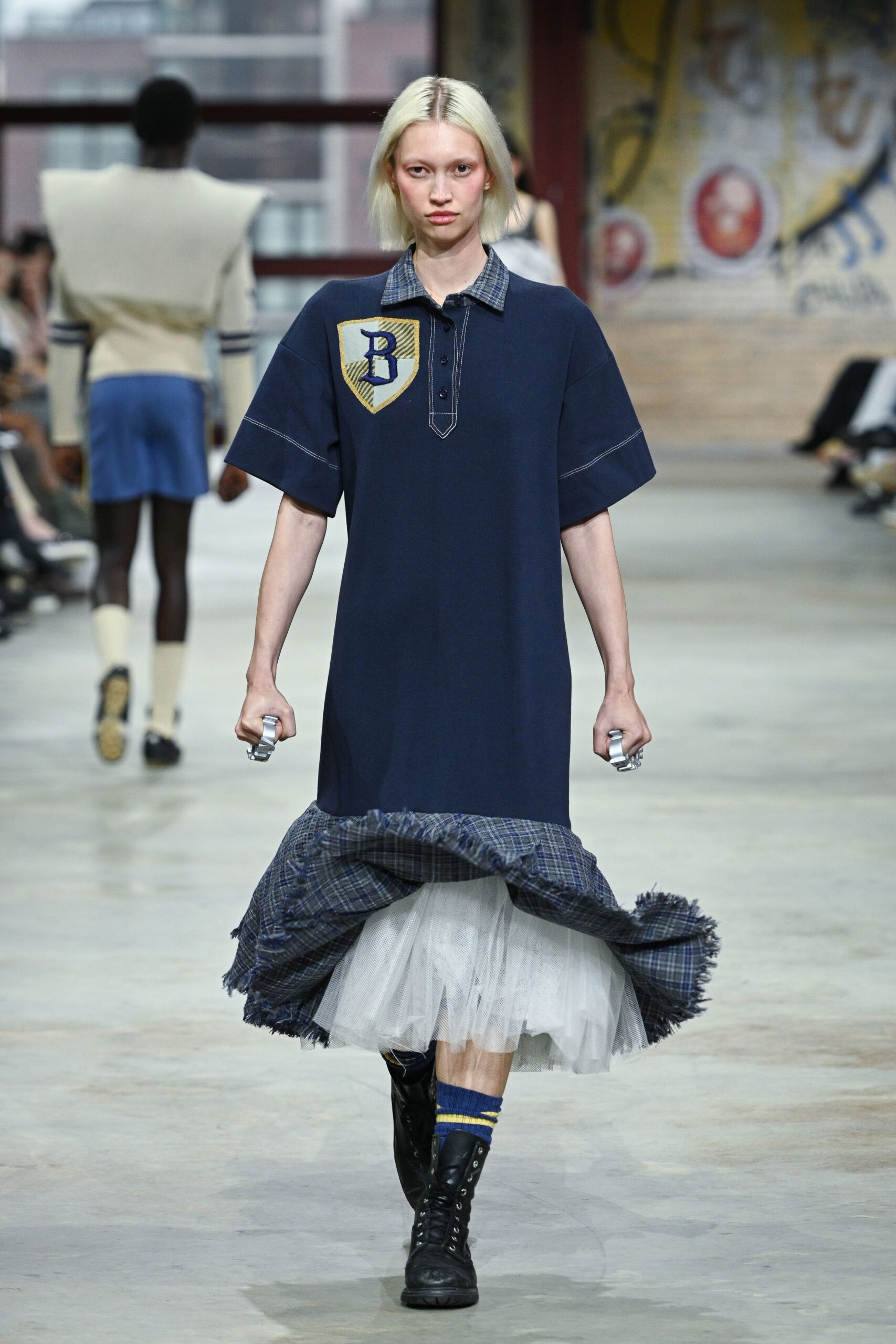 blue cotton short-sleeve collared relaxed checked layered dress