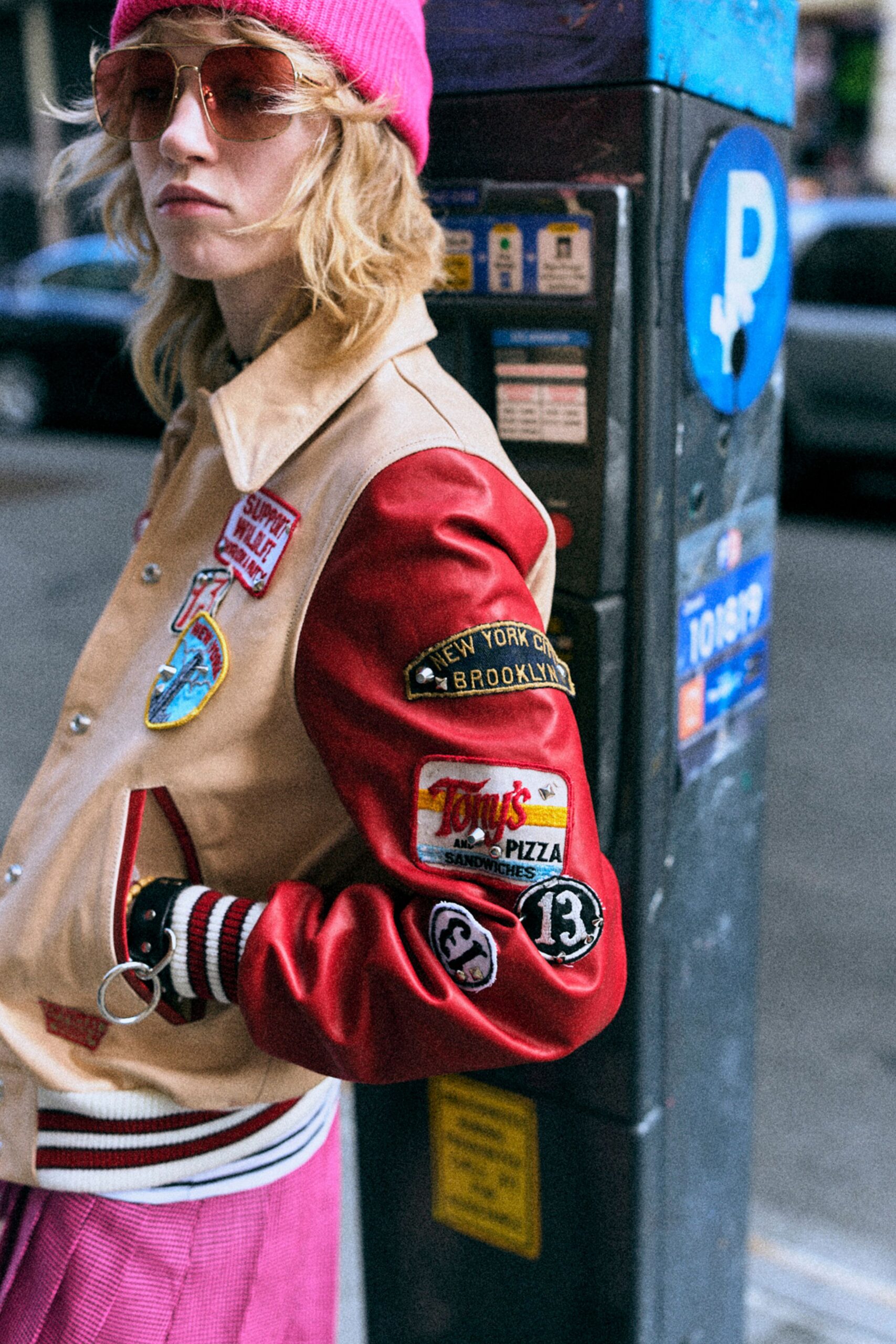 beige red jacket pink skirt
