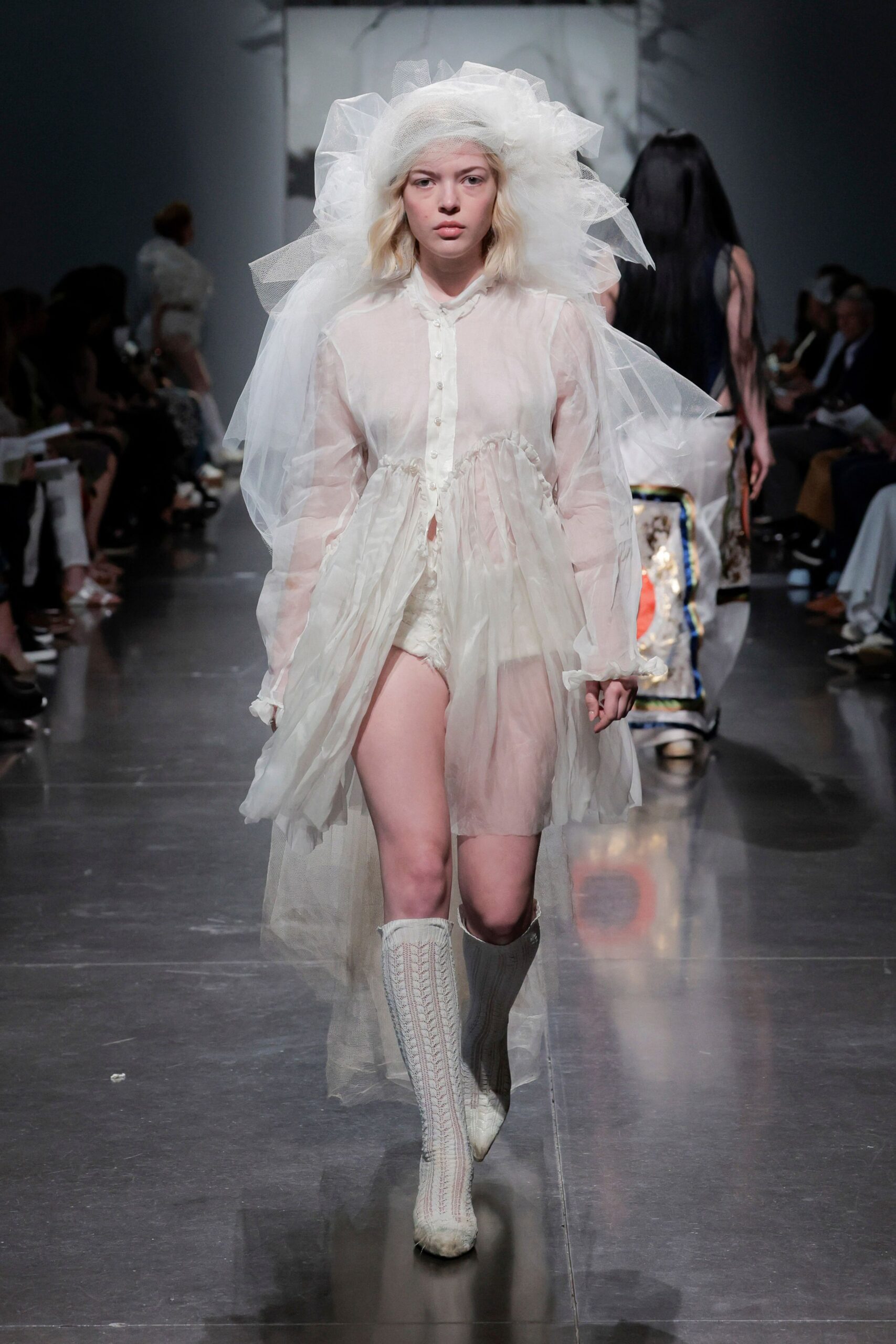 white tulle long-sleeve collared relaxed layered sheer dress