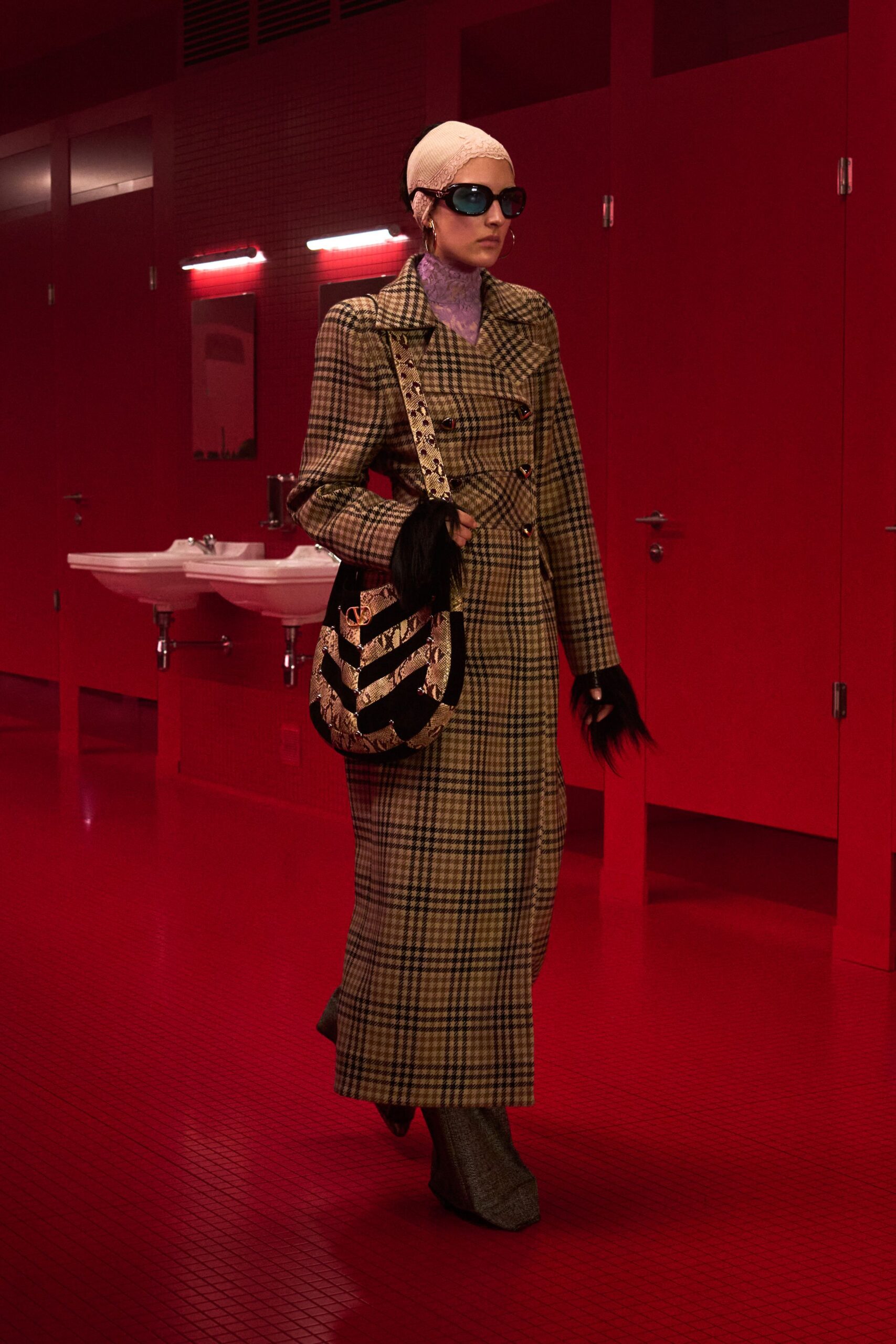 brown wool long-sleeve collared fitted checked maxi coat