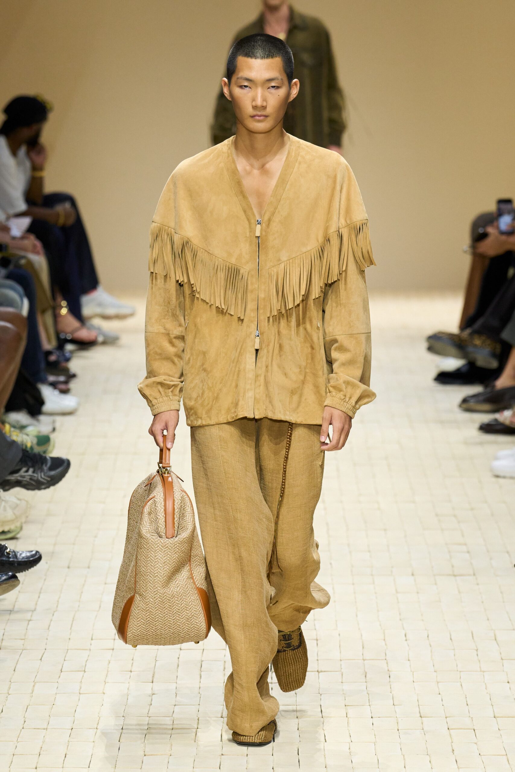 beige suede long-sleeve collared relaxed fringed jacket