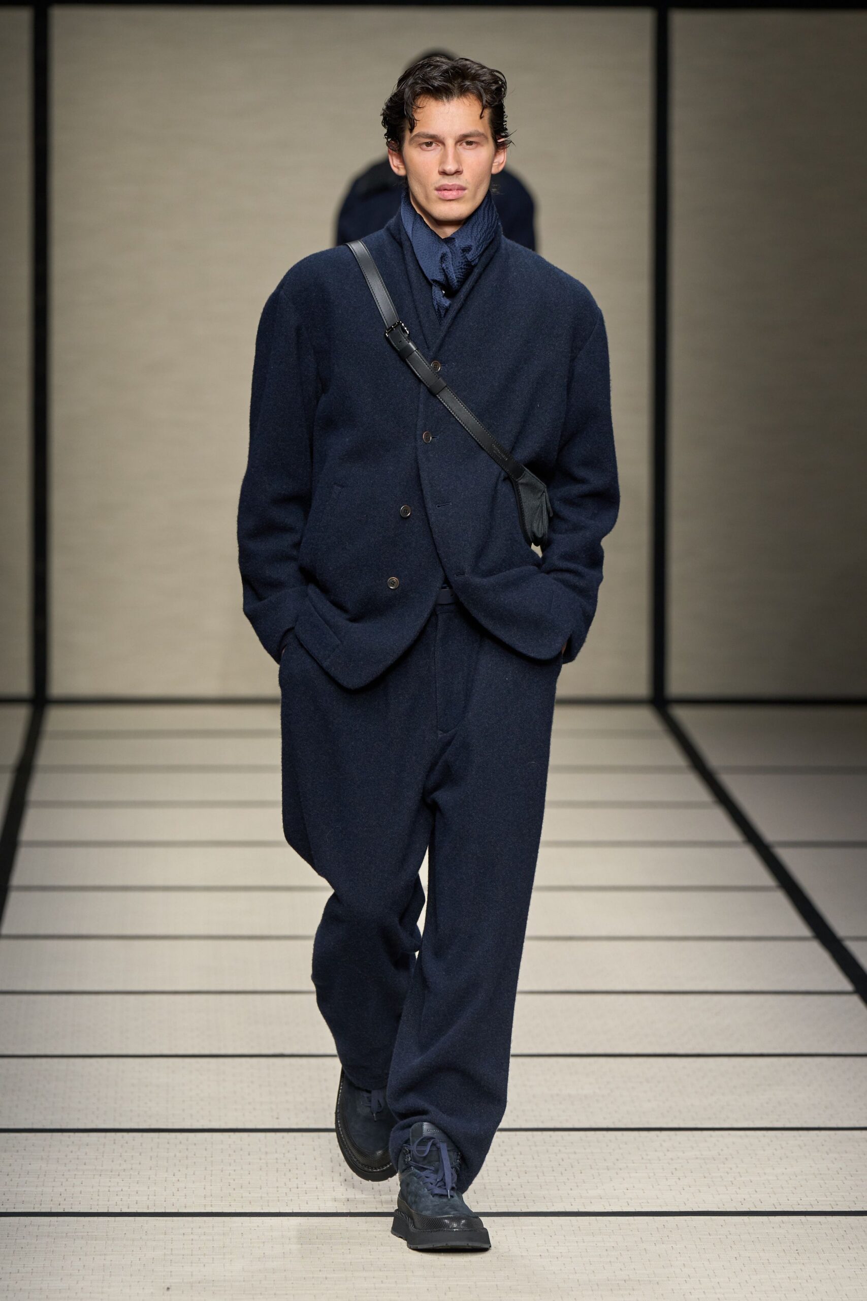 blue wool long-sleeve collared relaxed buttoned suit