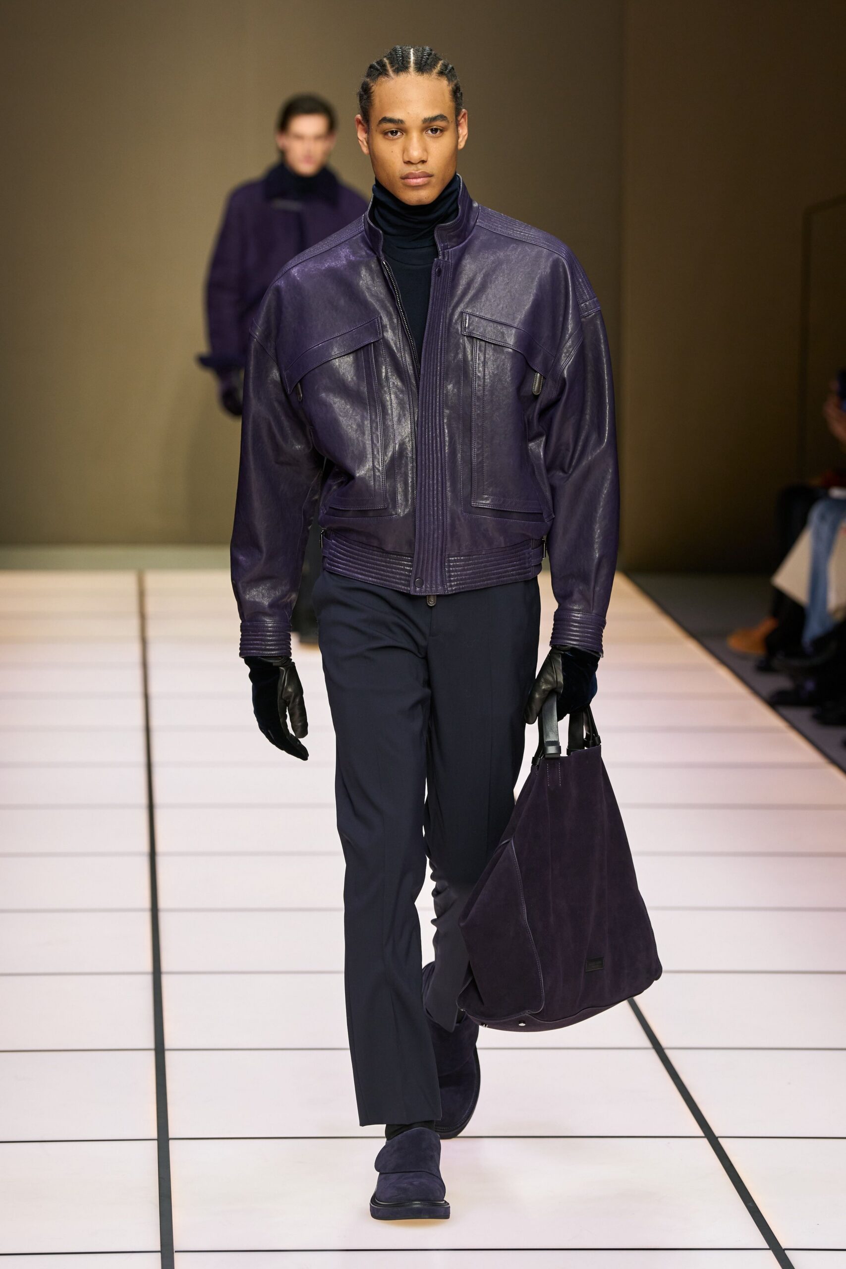 purple leather jacket with black turtleneck