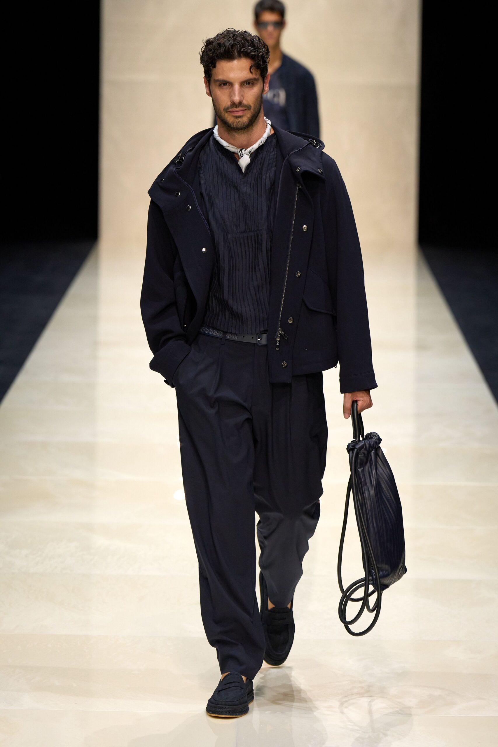 black relaxed jacket with blue shirt