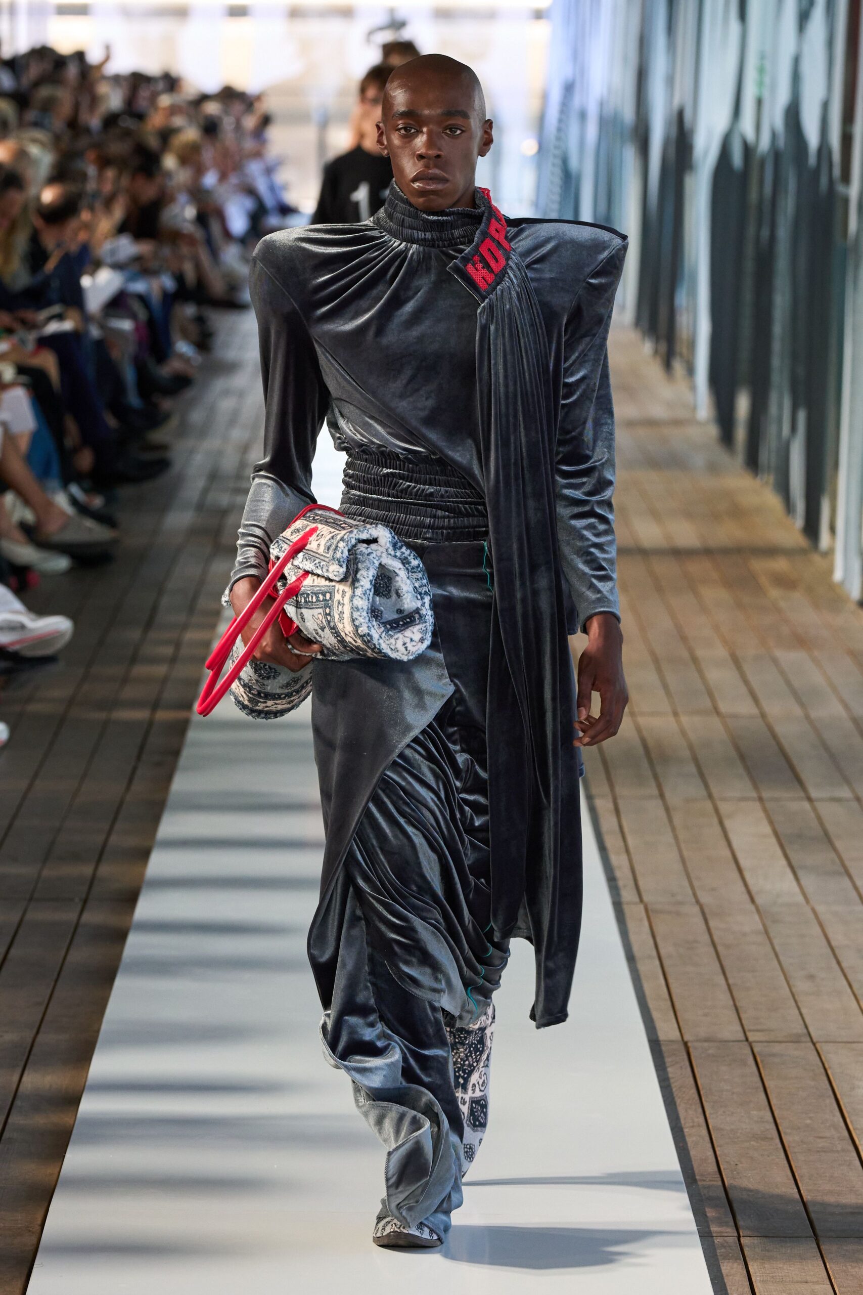 gray velvet long-sleeve high-neck fitted draped shiny dress