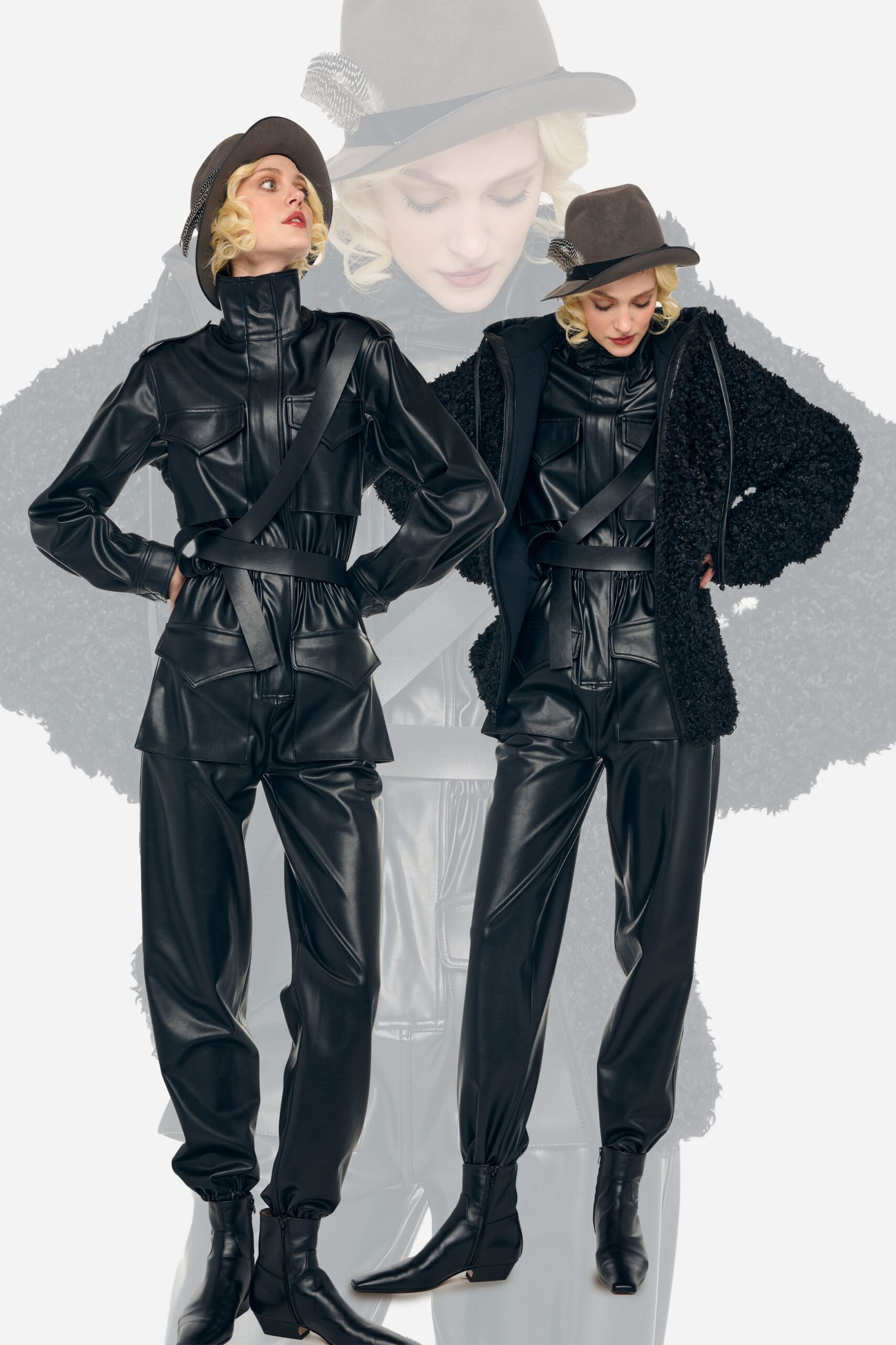 black leather long-sleeve collared fitted zippered pockets jumpsuit