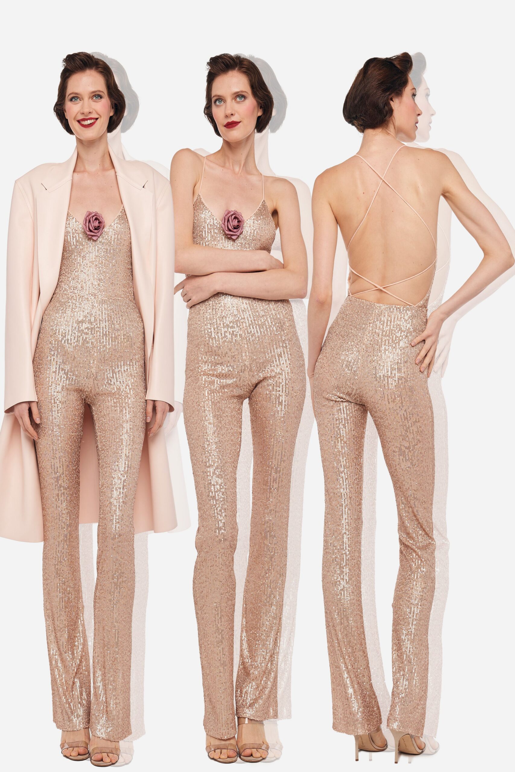 pink sequin sleeveless v-neck fitted flared shiny jumpsuit