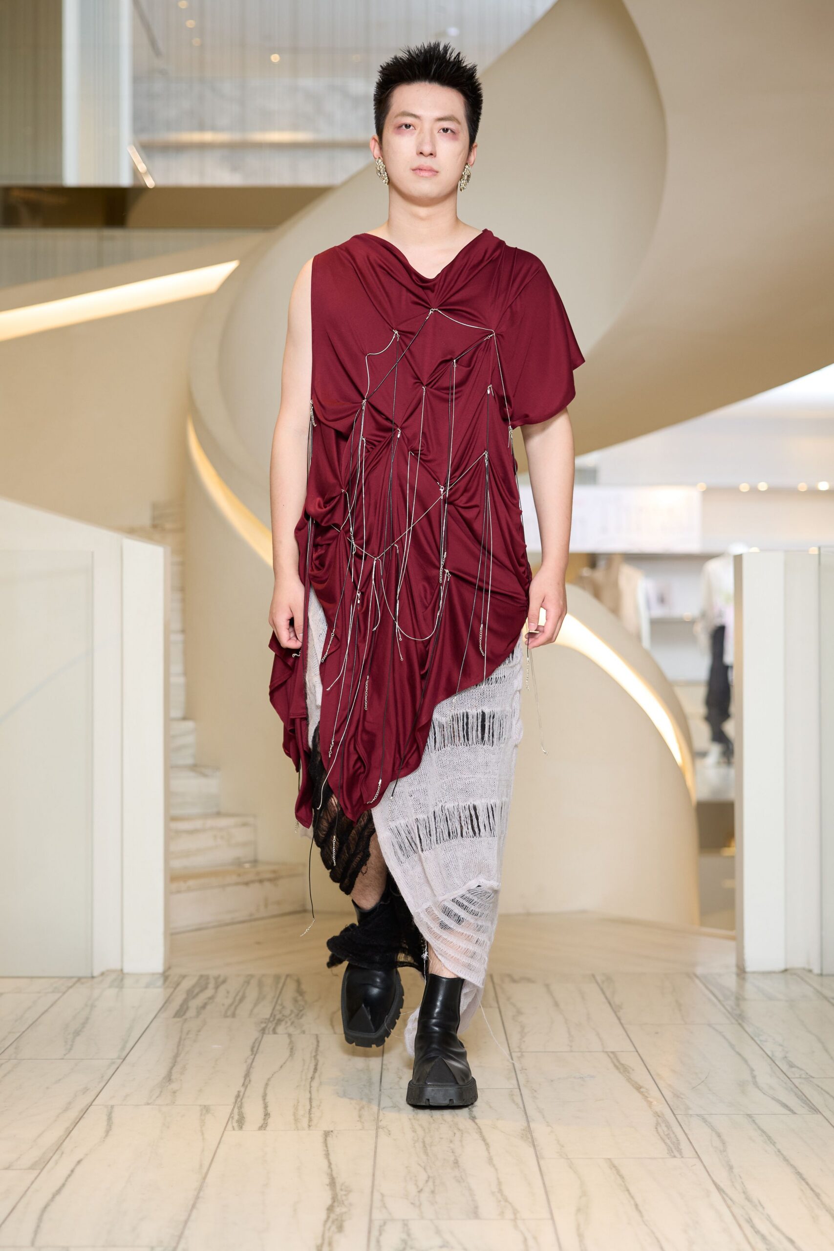 red silk sleeveless v-neck relaxed draped layered dress