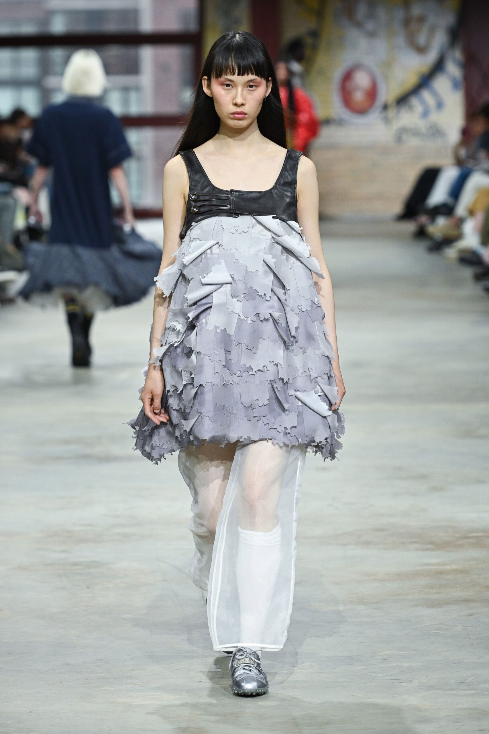 gray silk sleeveless v-neck fitted layered ruffled dress