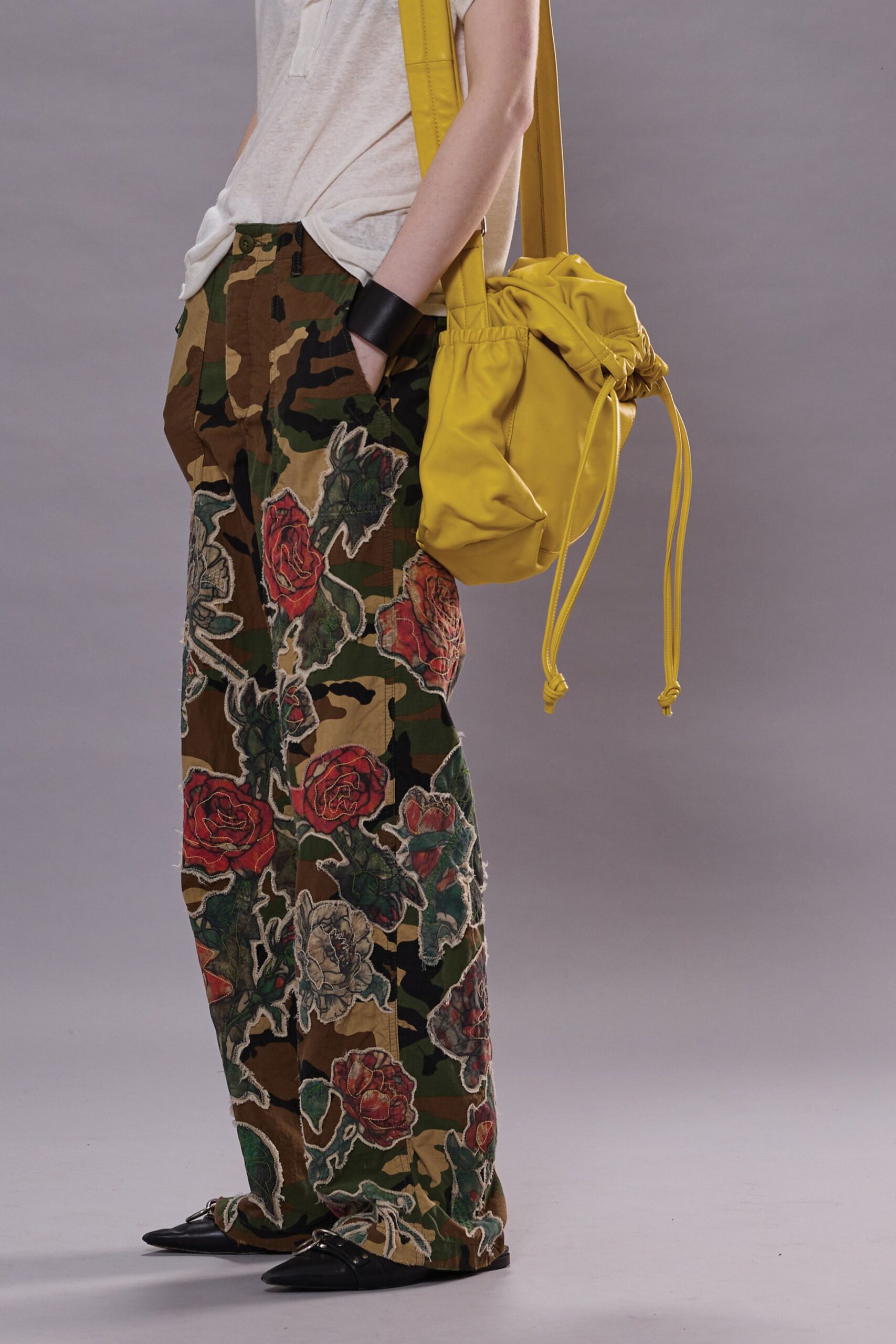 brown cotton relaxed camouflage flared pants