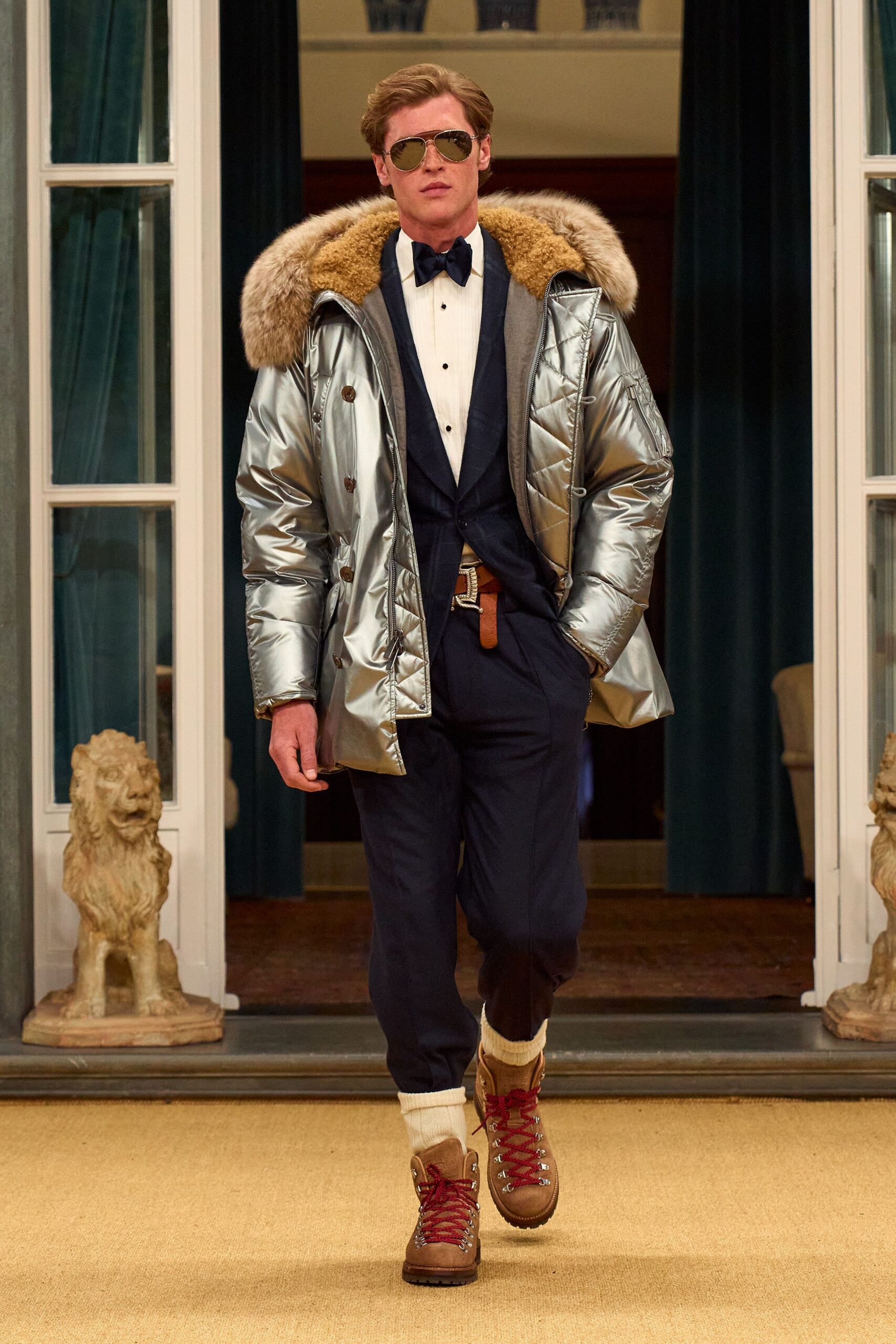 gray vinyl long-sleeve collared relaxed padded shiny coat