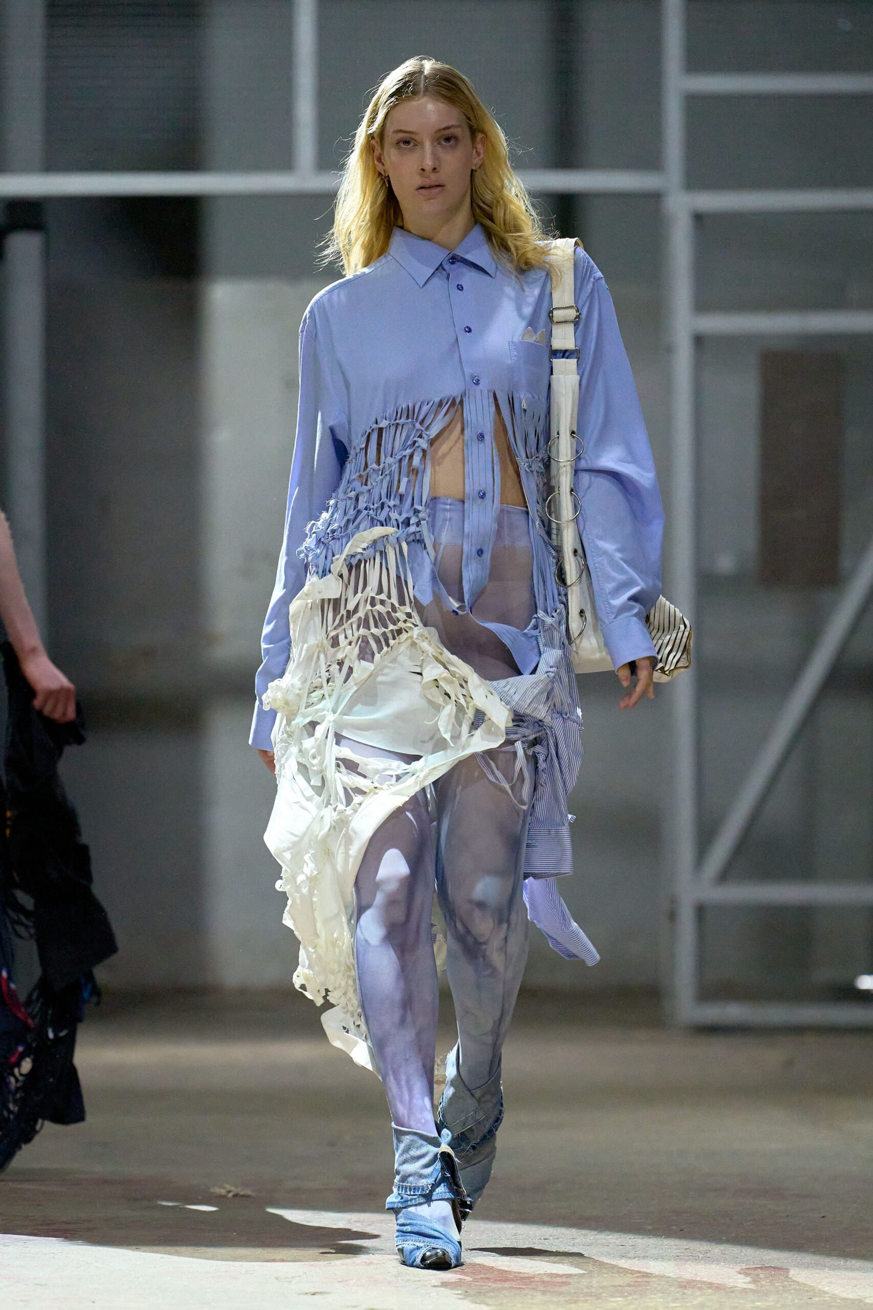 blue cotton long-sleeve collared fitted fringed layered shirt