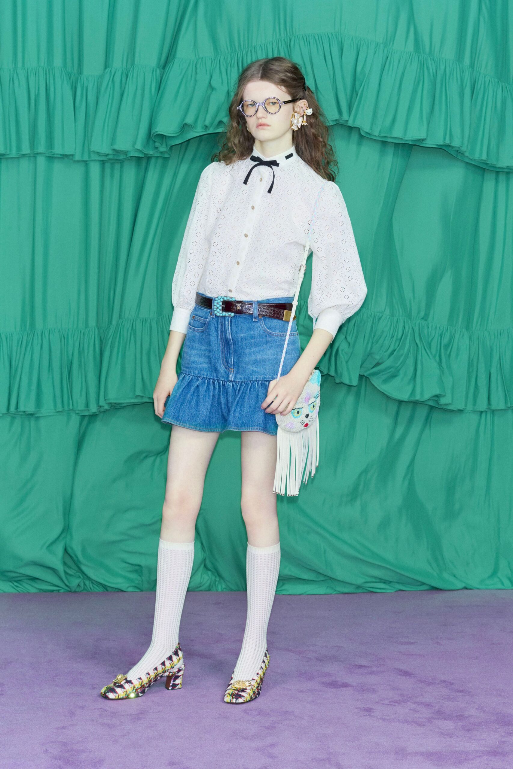 blue denim fitted ruffled short skirt