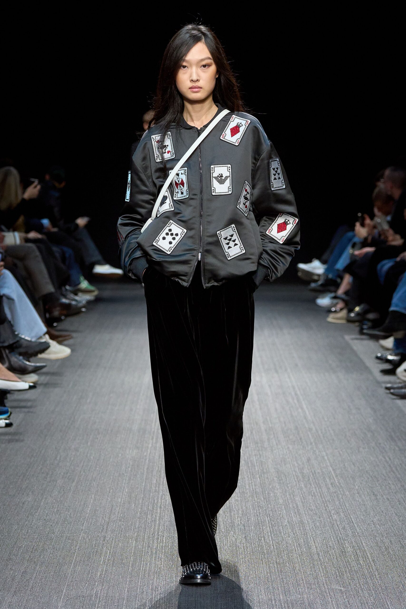 black silk long-sleeve collared relaxed embroidered jacket