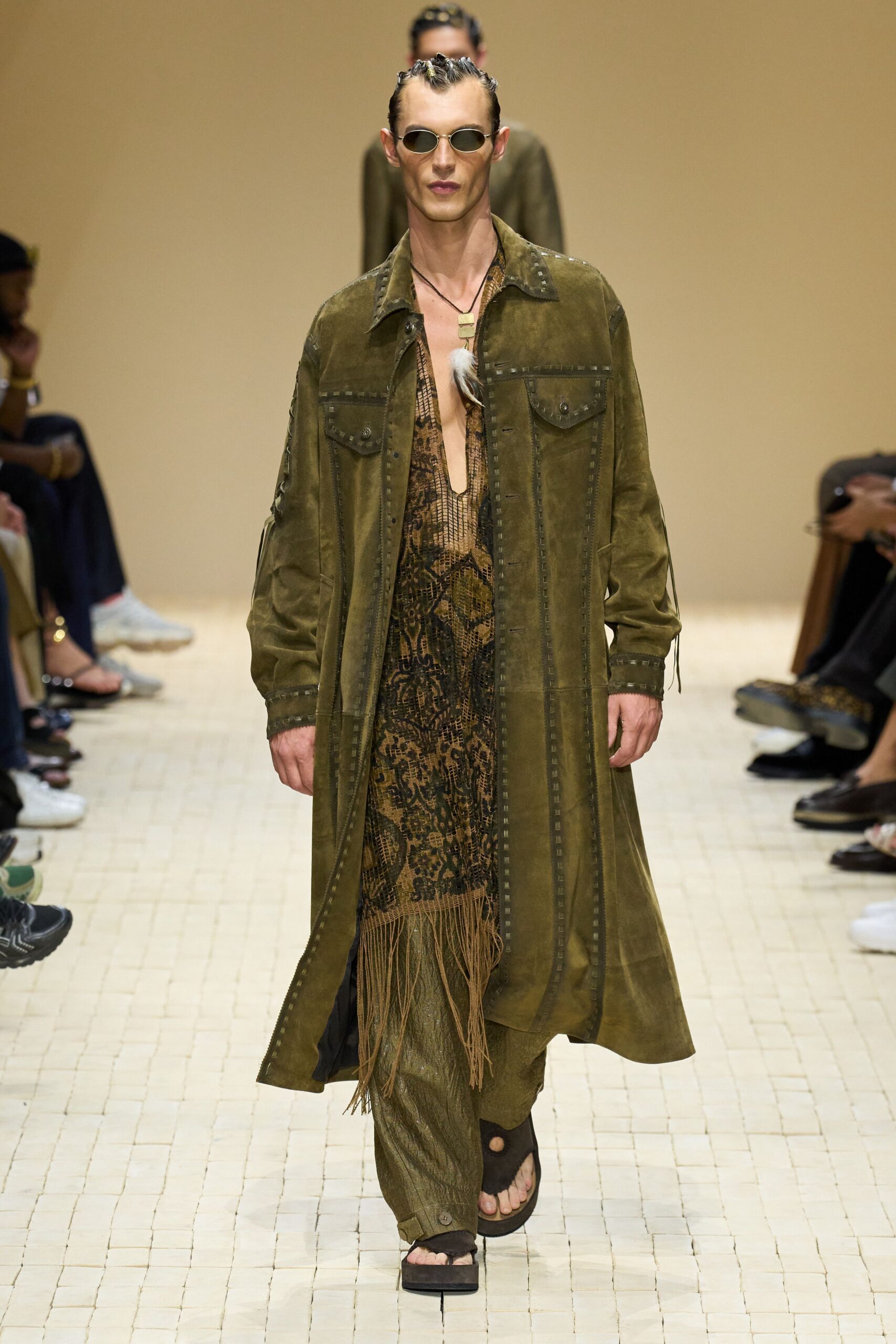 green suede long-sleeve collared relaxed fringed buttoned coat