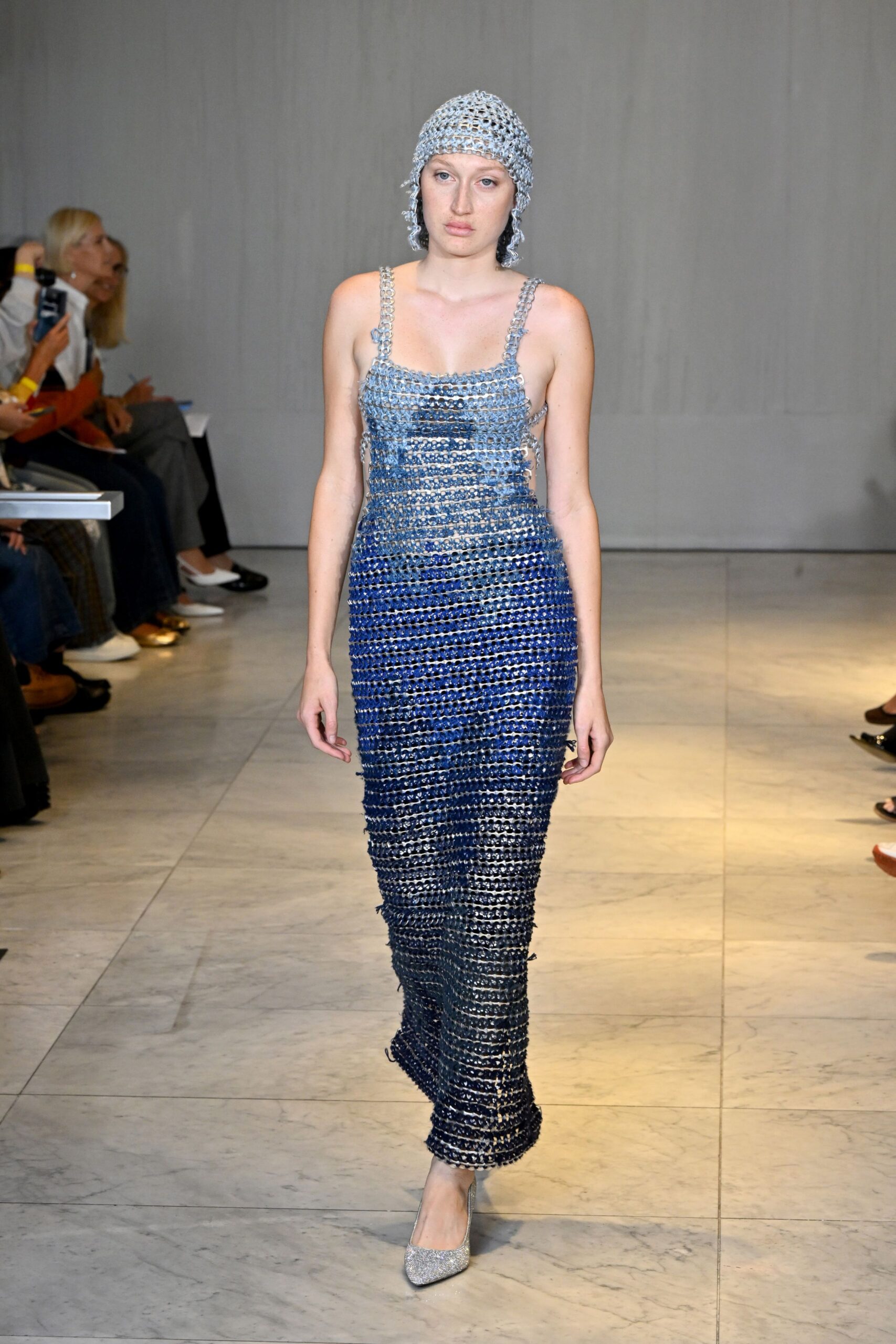 blue metallic sleeveless fitted layered shiny midi dress