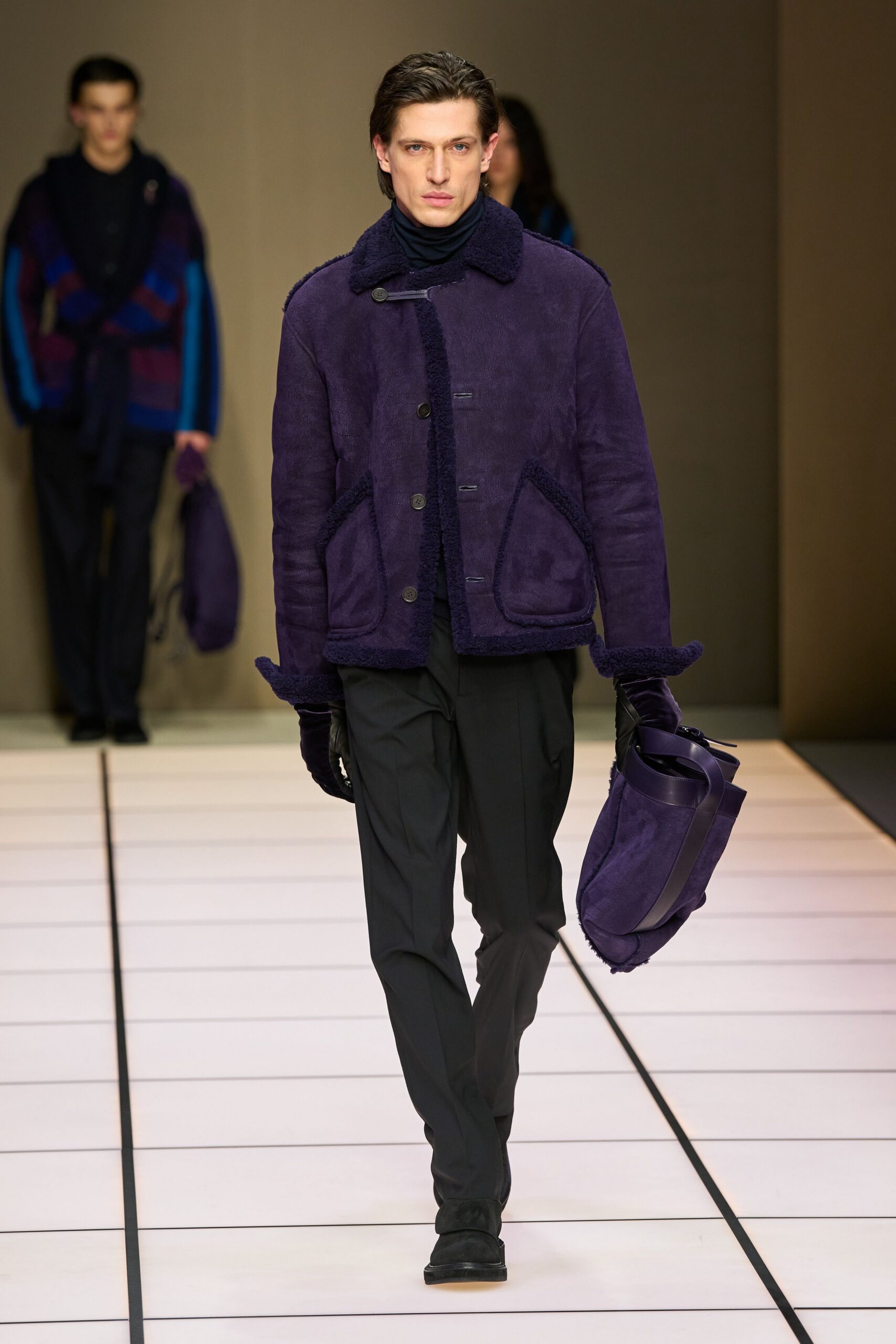 purple suede long-sleeve collared fitted buttoned jacket