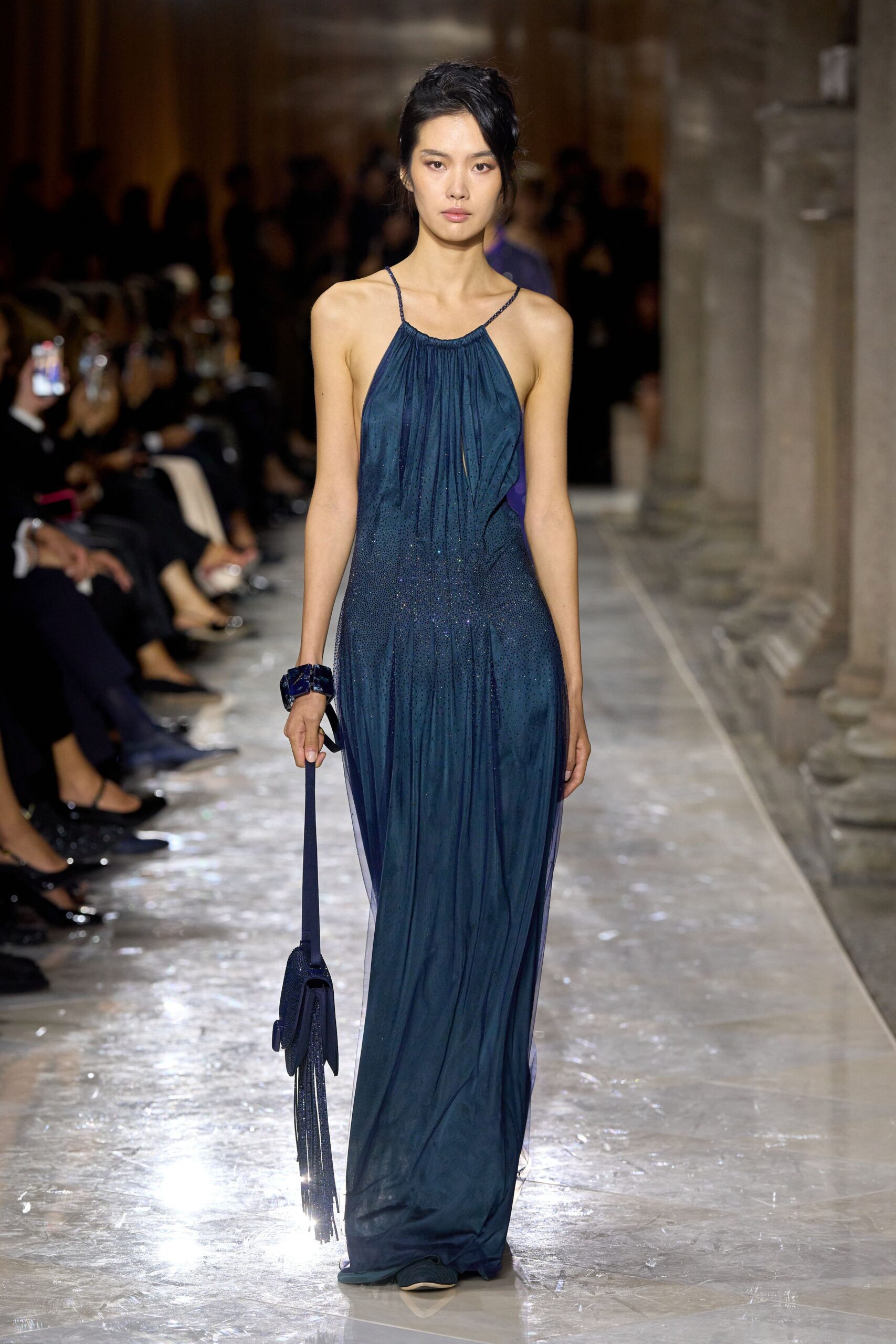 blue silk halterneck gown