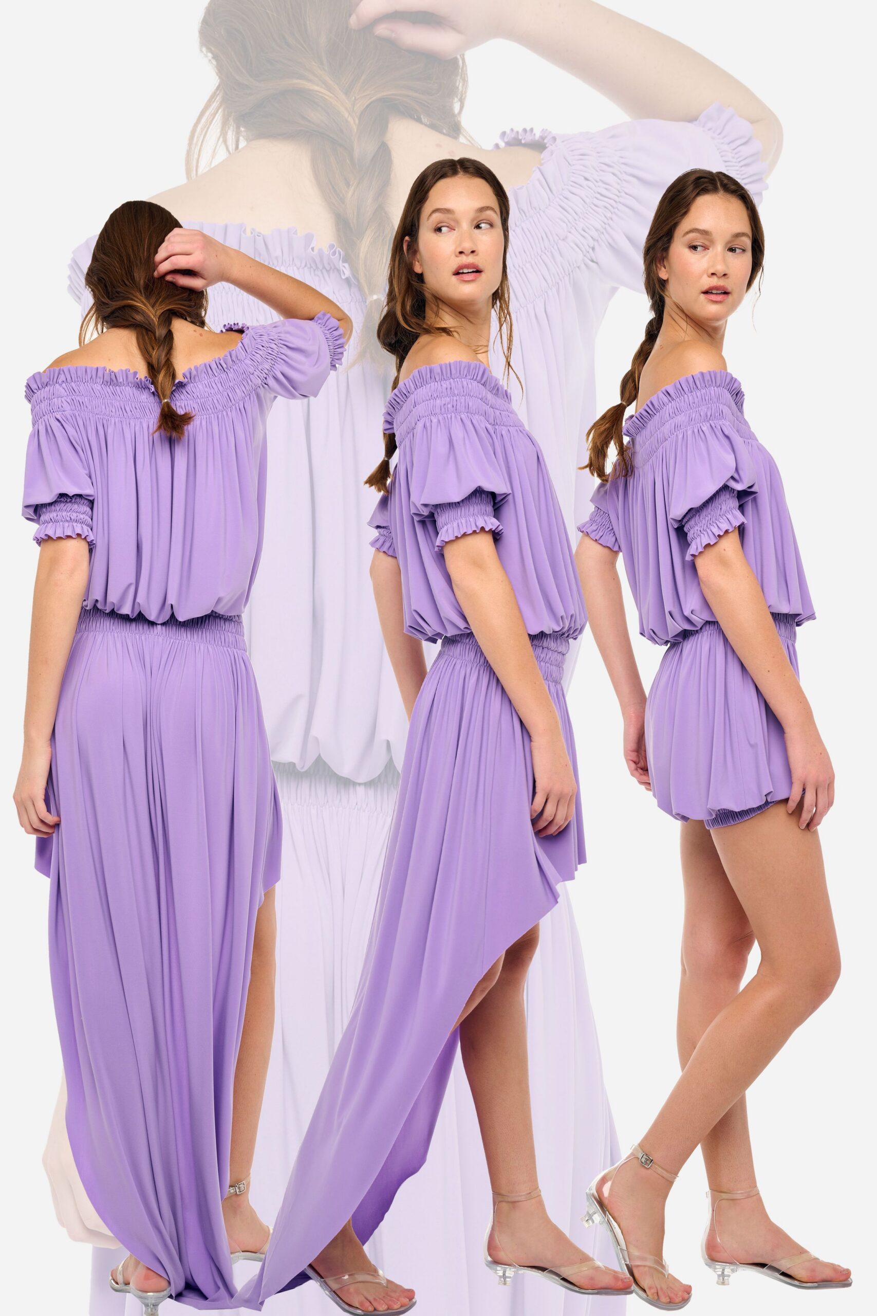 purple chiffon off-shoulder short-sleeve relaxed ruffled tiered dress