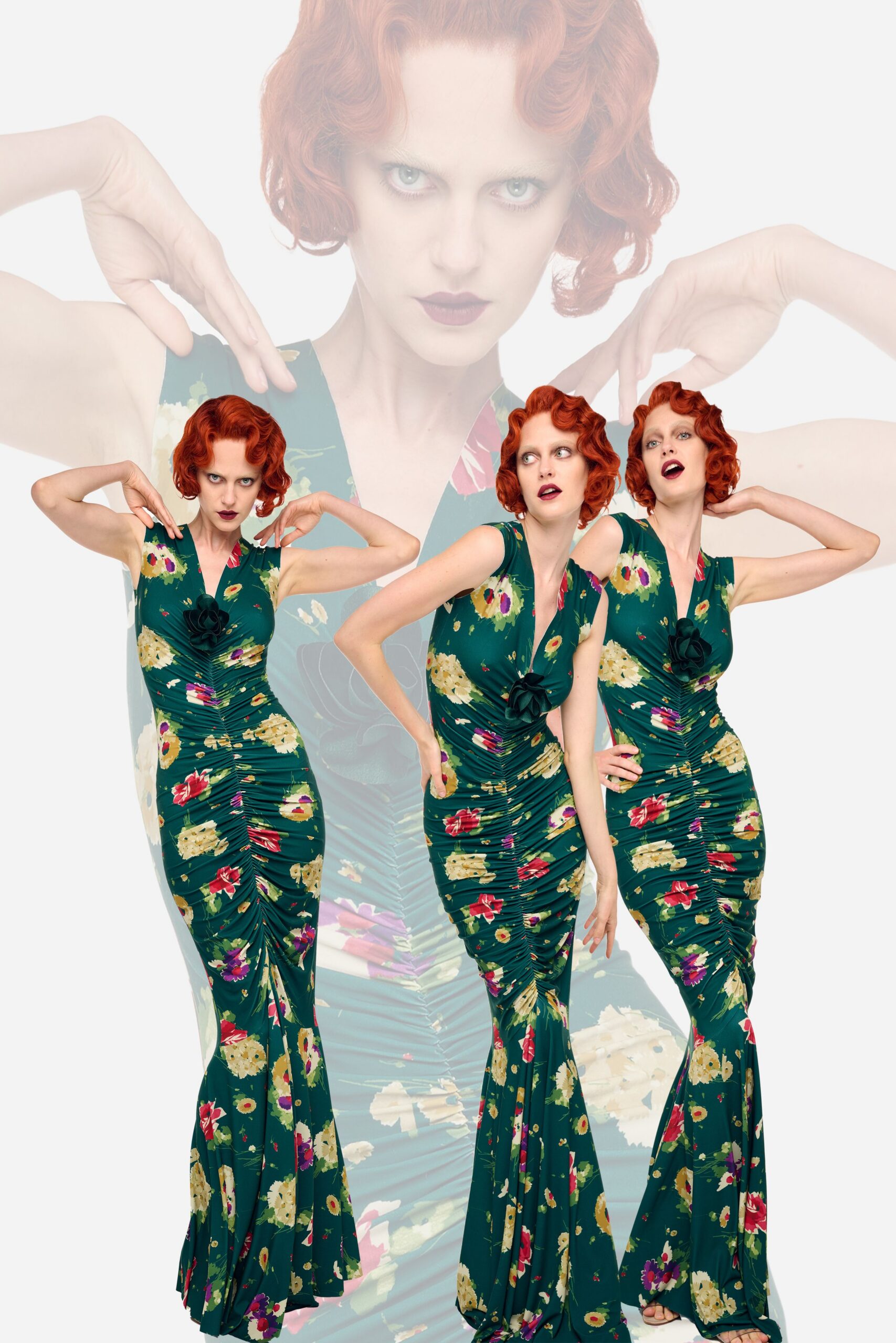 green floral fitted gown