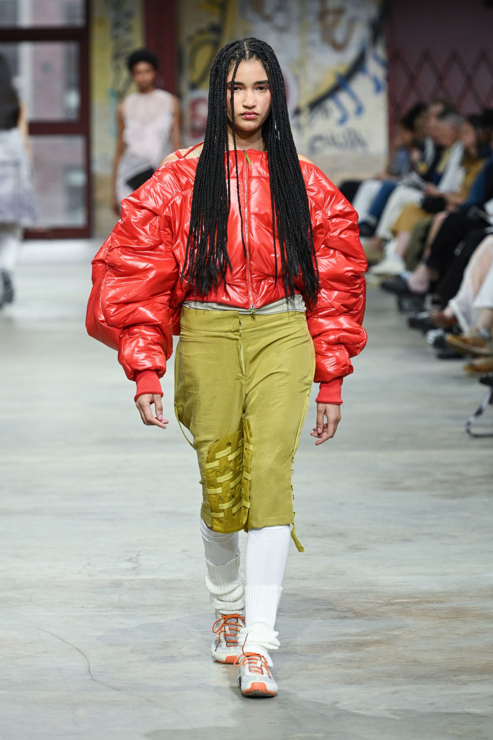 red vinyl long-sleeve collared oversized padded shiny jacket