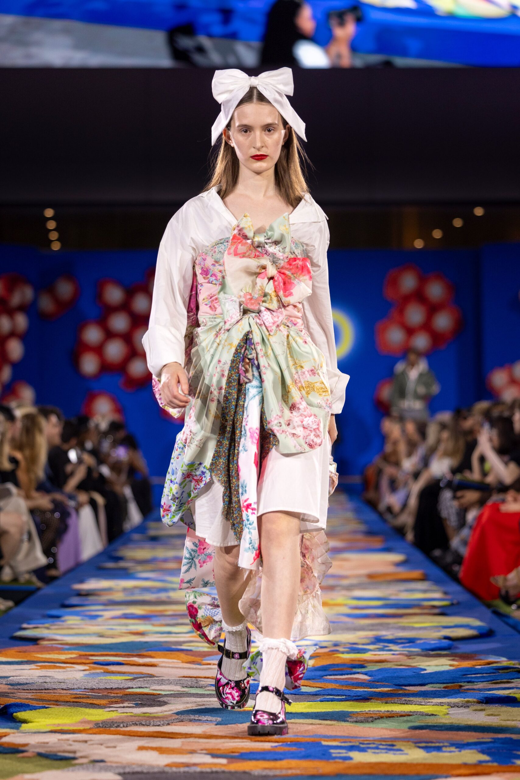 floral midi dress with bow hat