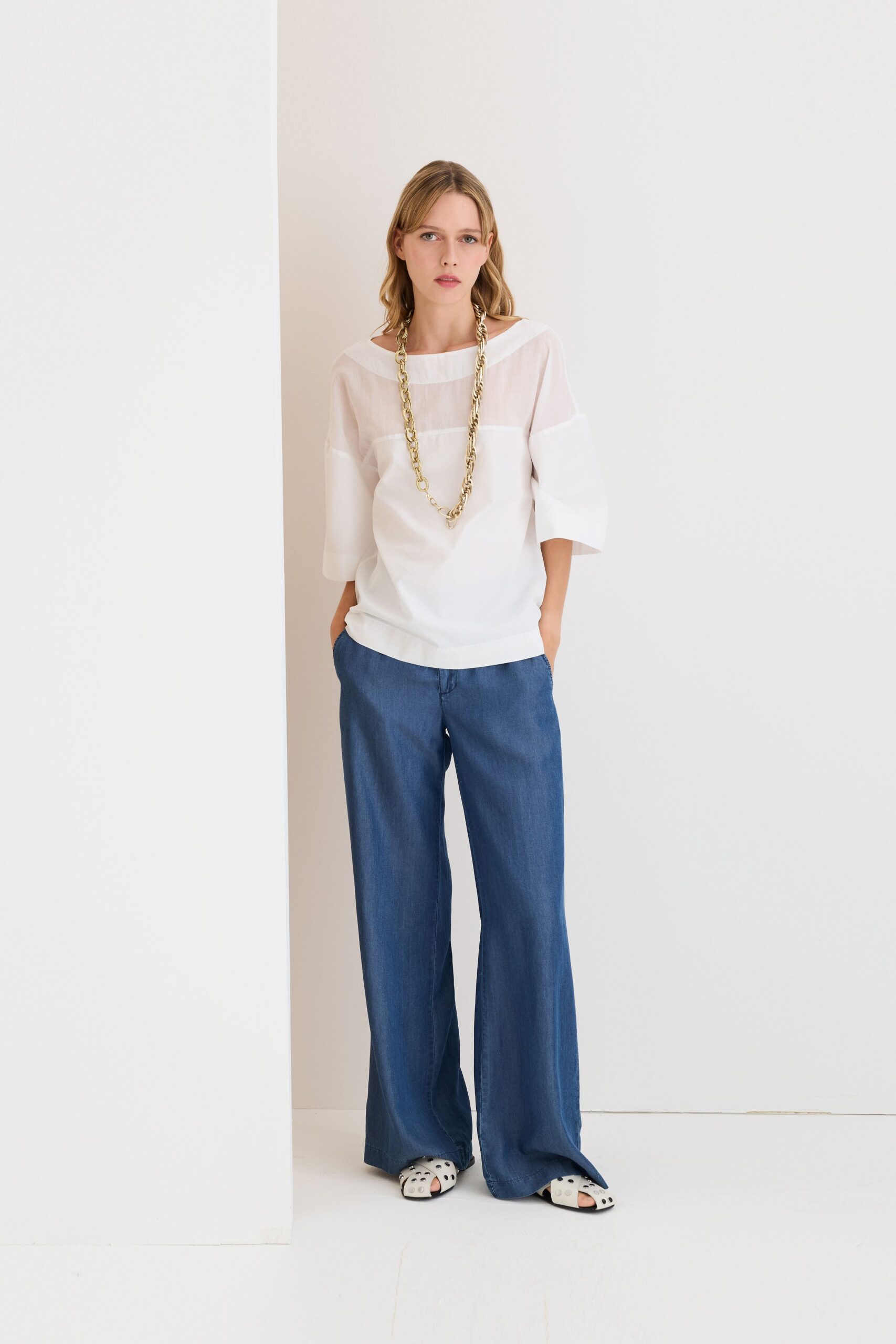 white cotton short-sleeve collared relaxed sheer top