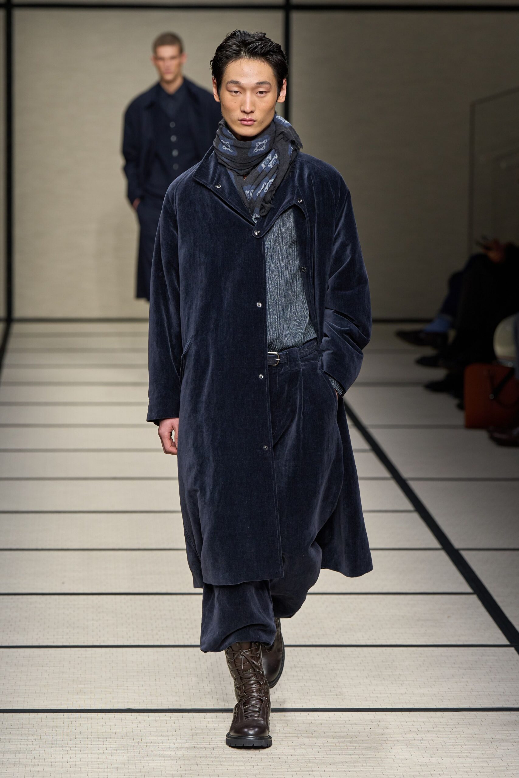 blue velvet coat with scarf