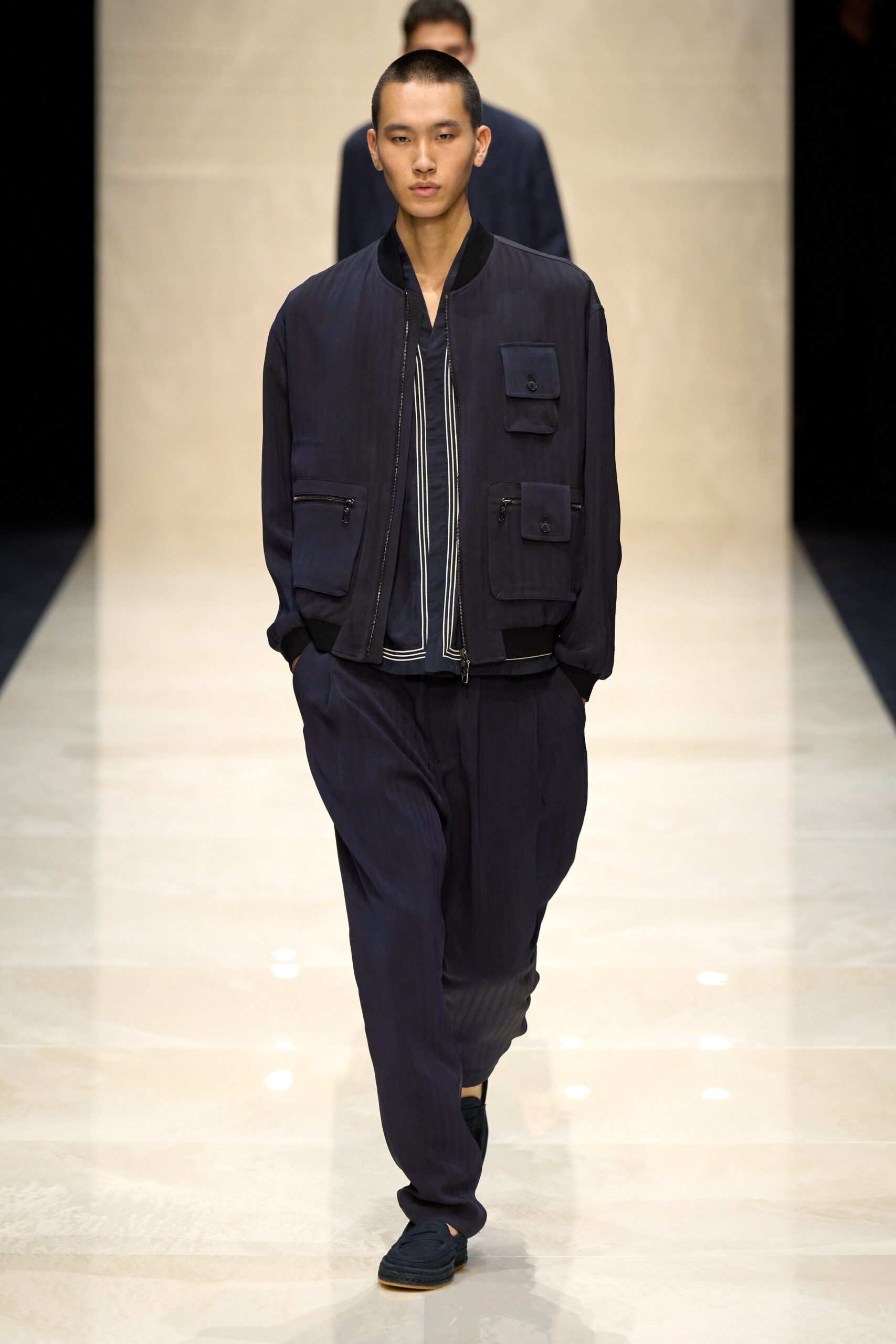 navy relaxed jacket with blue shirt