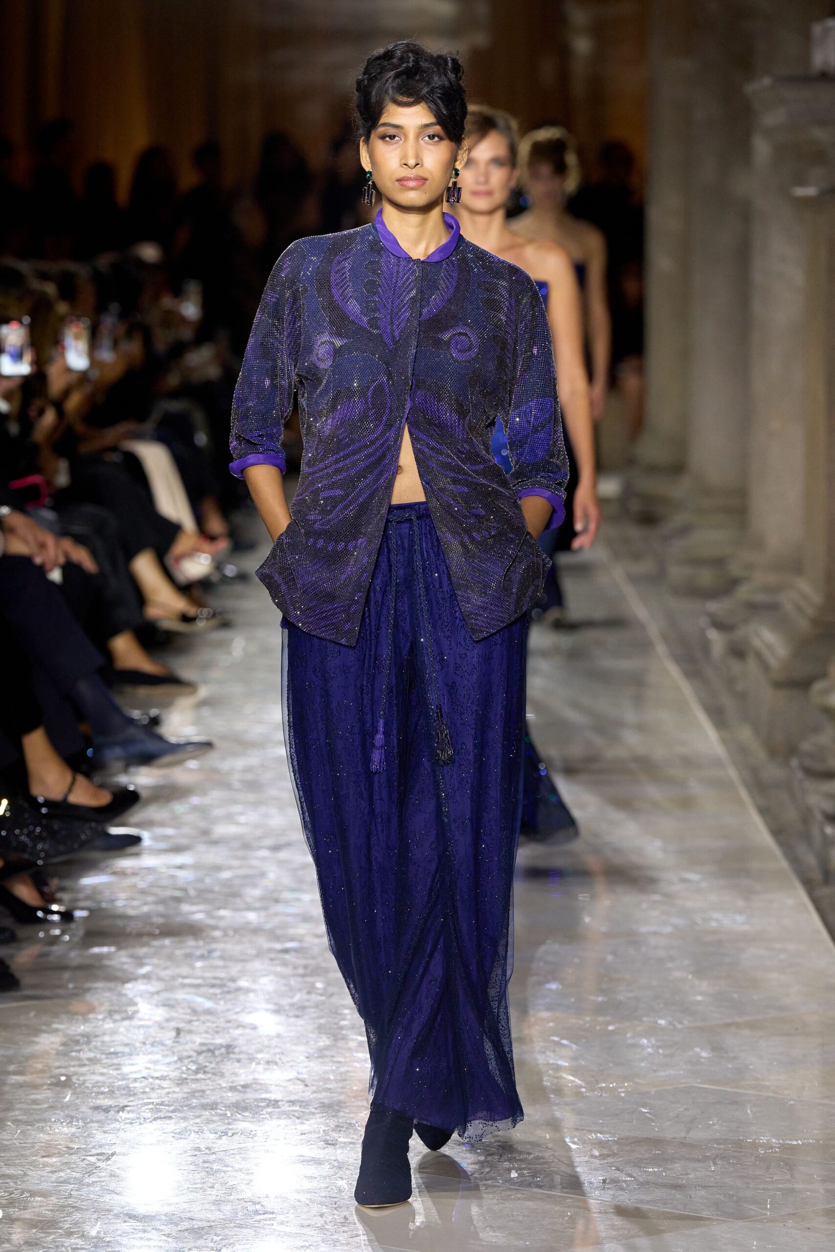 purple silk short-sleeve collared fitted embroidered shiny jacket